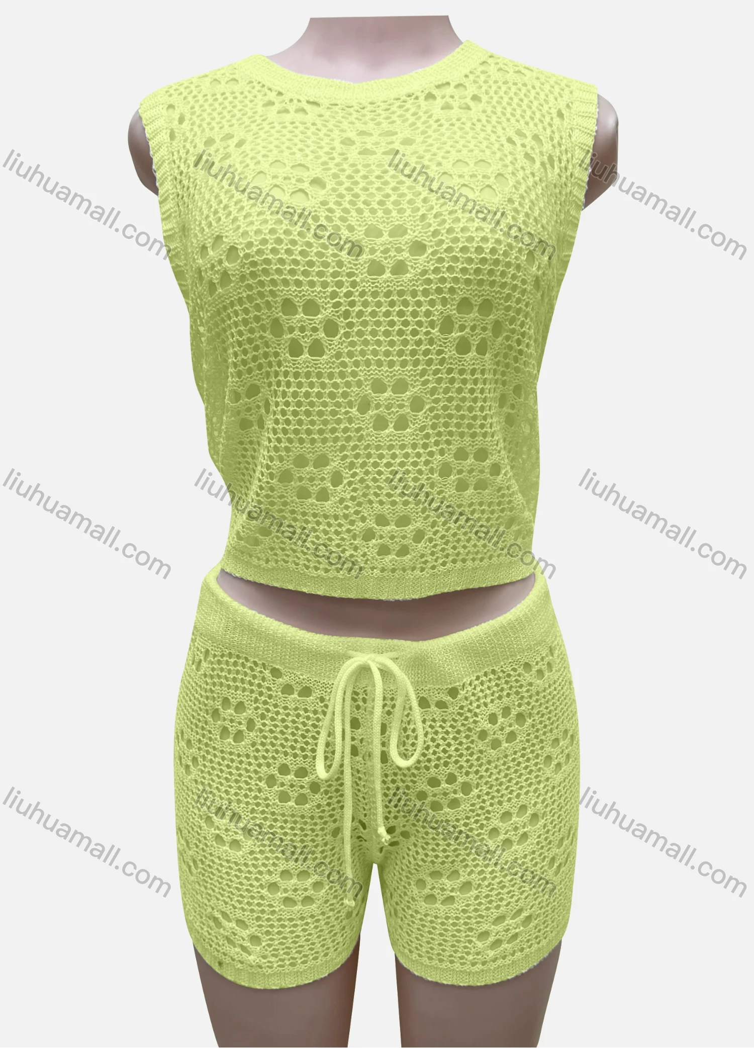 Wholesale Women's Vacation Plain Crew Neck Hollow Out Sleeveless Top & Drawstring Shorts Cover Up 2 Piece Set 80252# - Liuhuamall