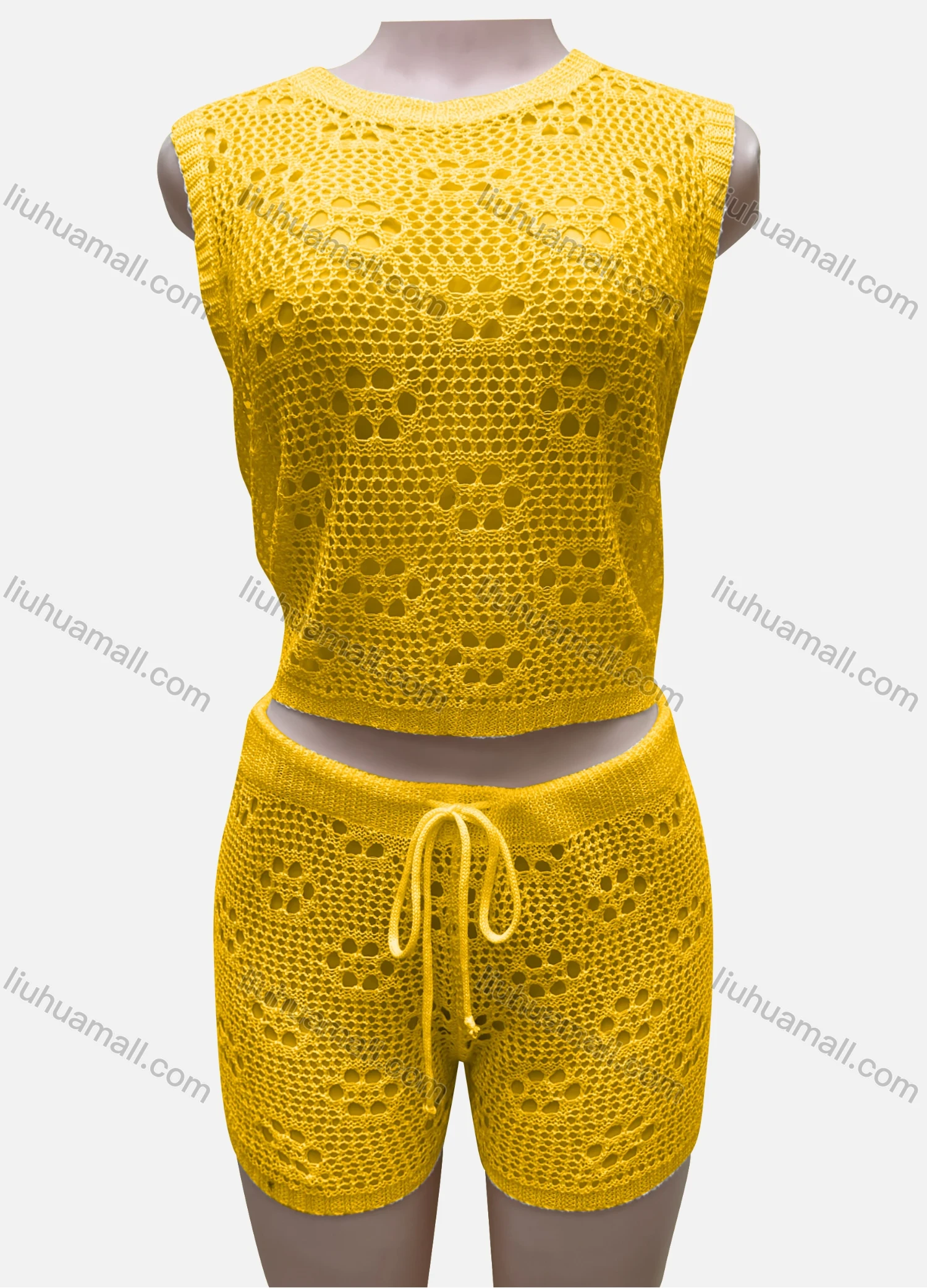 Wholesale Women's Vacation Plain Crew Neck Hollow Out Sleeveless Top & Drawstring Shorts Cover Up 2 Piece Set 80252# - Liuhuamall