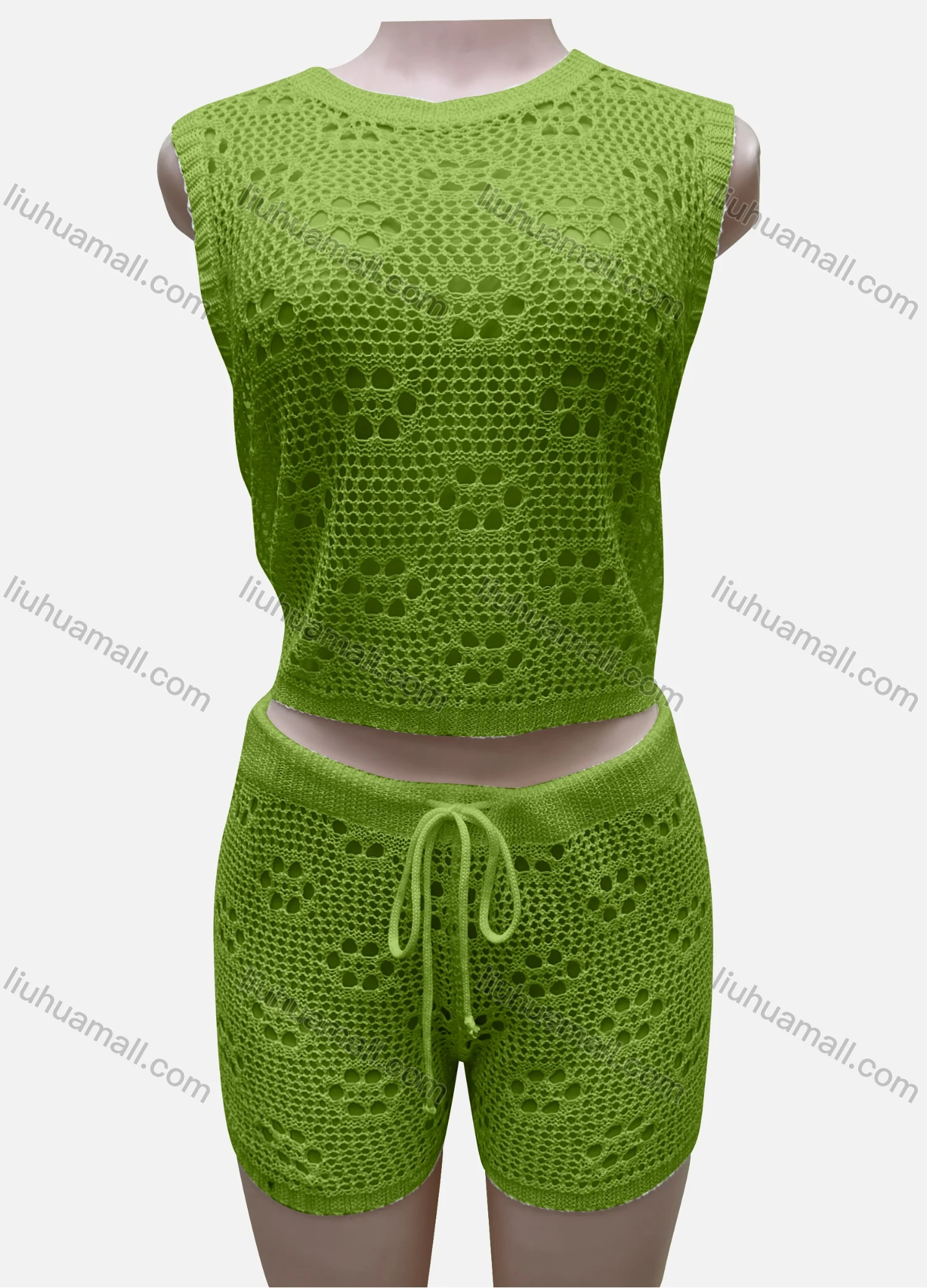 Wholesale Women's Vacation Plain Crew Neck Hollow Out Sleeveless Top & Drawstring Shorts Cover Up 2 Piece Set 80252# - Liuhuamall