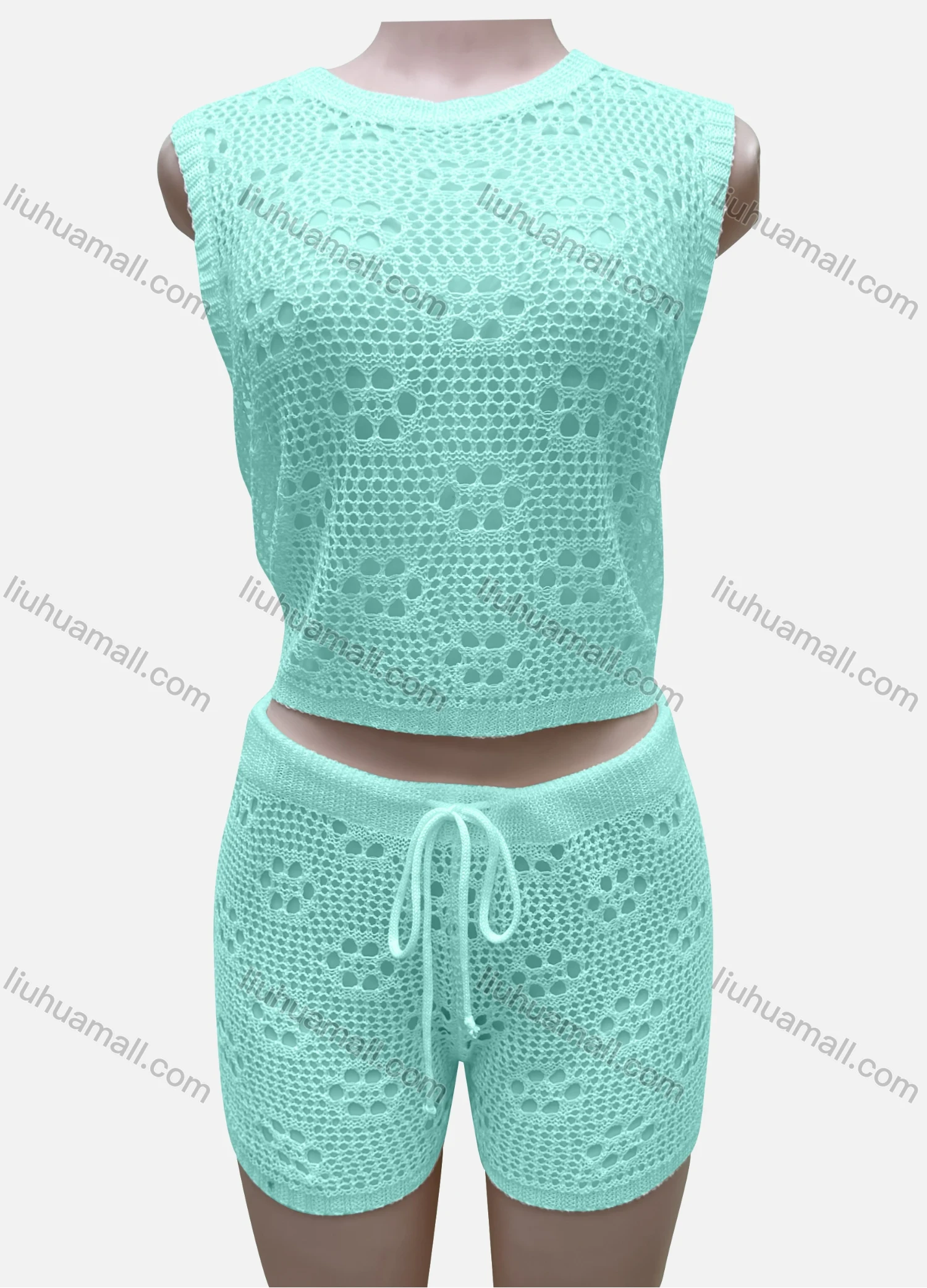 Wholesale Women's Vacation Plain Crew Neck Hollow Out Sleeveless Top & Drawstring Shorts Cover Up 2 Piece Set 80252# - Liuhuamall