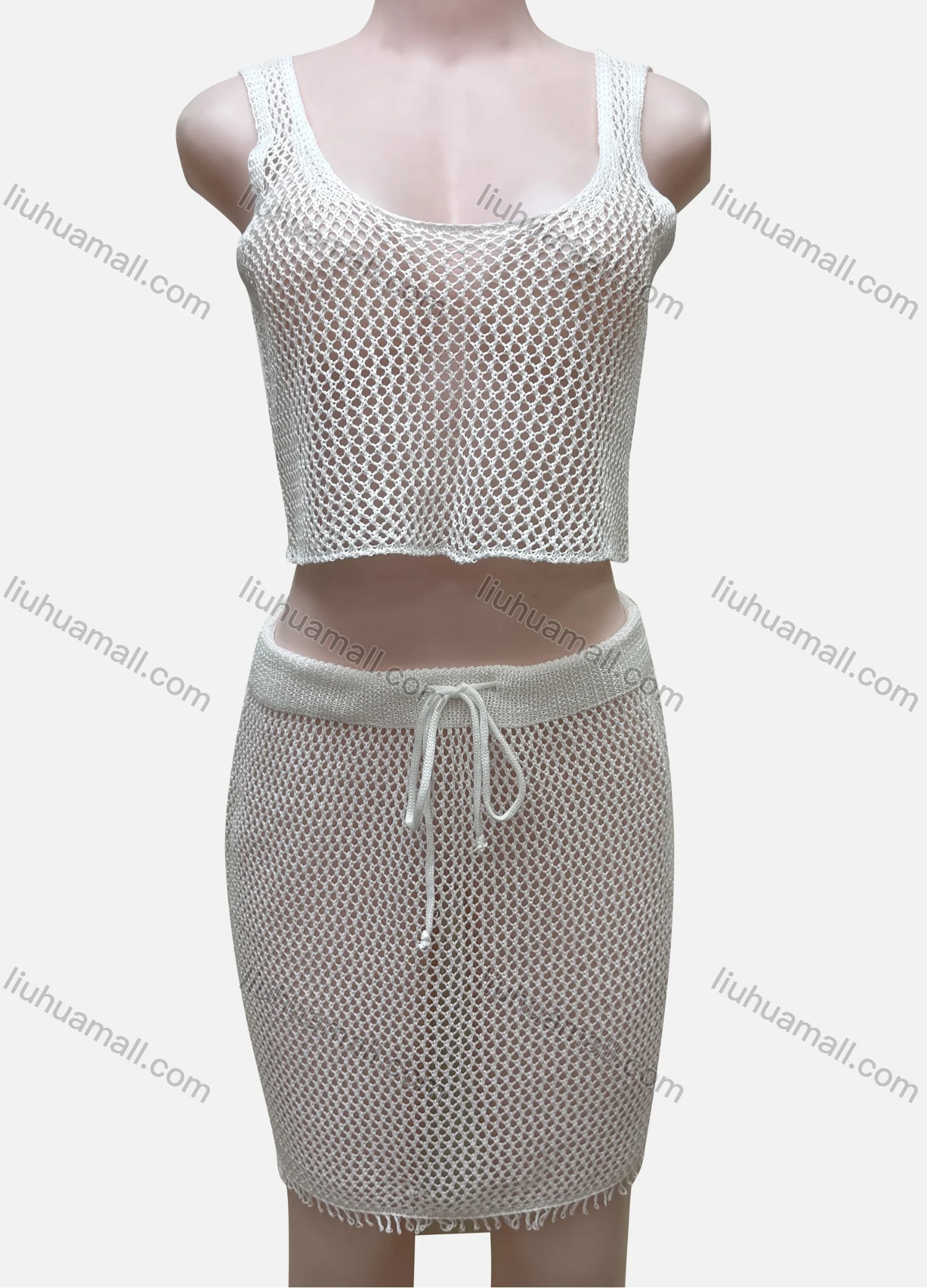 Wholesale Women's Vacation Plain Hollow Out Tank Crop Top & Drawstring Short Skirts Cover Up 2 Piece Set 80254# - Liuhuamall