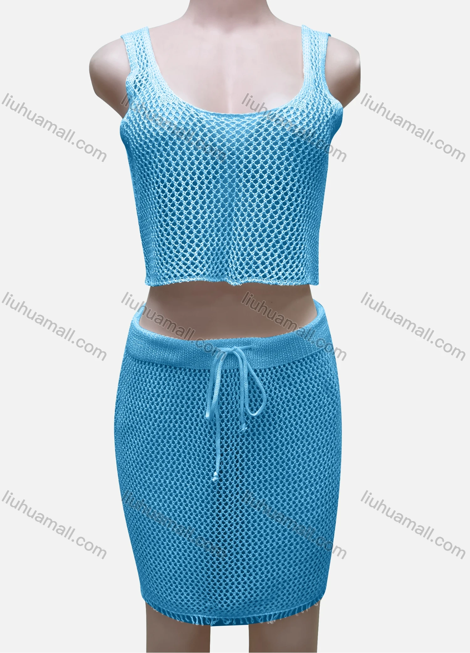 Wholesale Women's Vacation Plain Hollow Out Tank Crop Top & Drawstring Short Skirts Cover Up 2 Piece Set 80254# - Liuhuamall