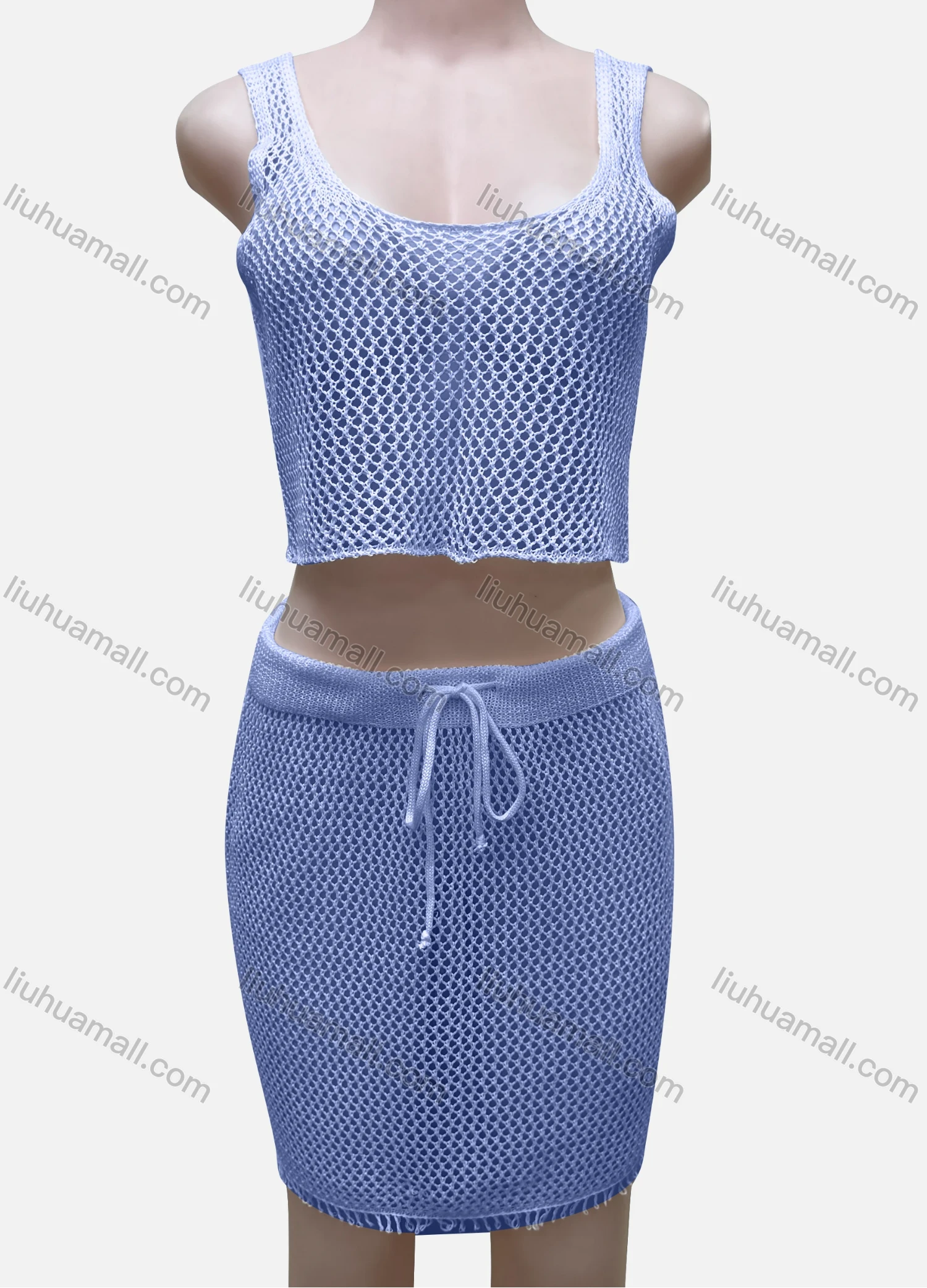 Wholesale Women's Vacation Plain Hollow Out Tank Crop Top & Drawstring Short Skirts Cover Up 2 Piece Set 80254# - Liuhuamall