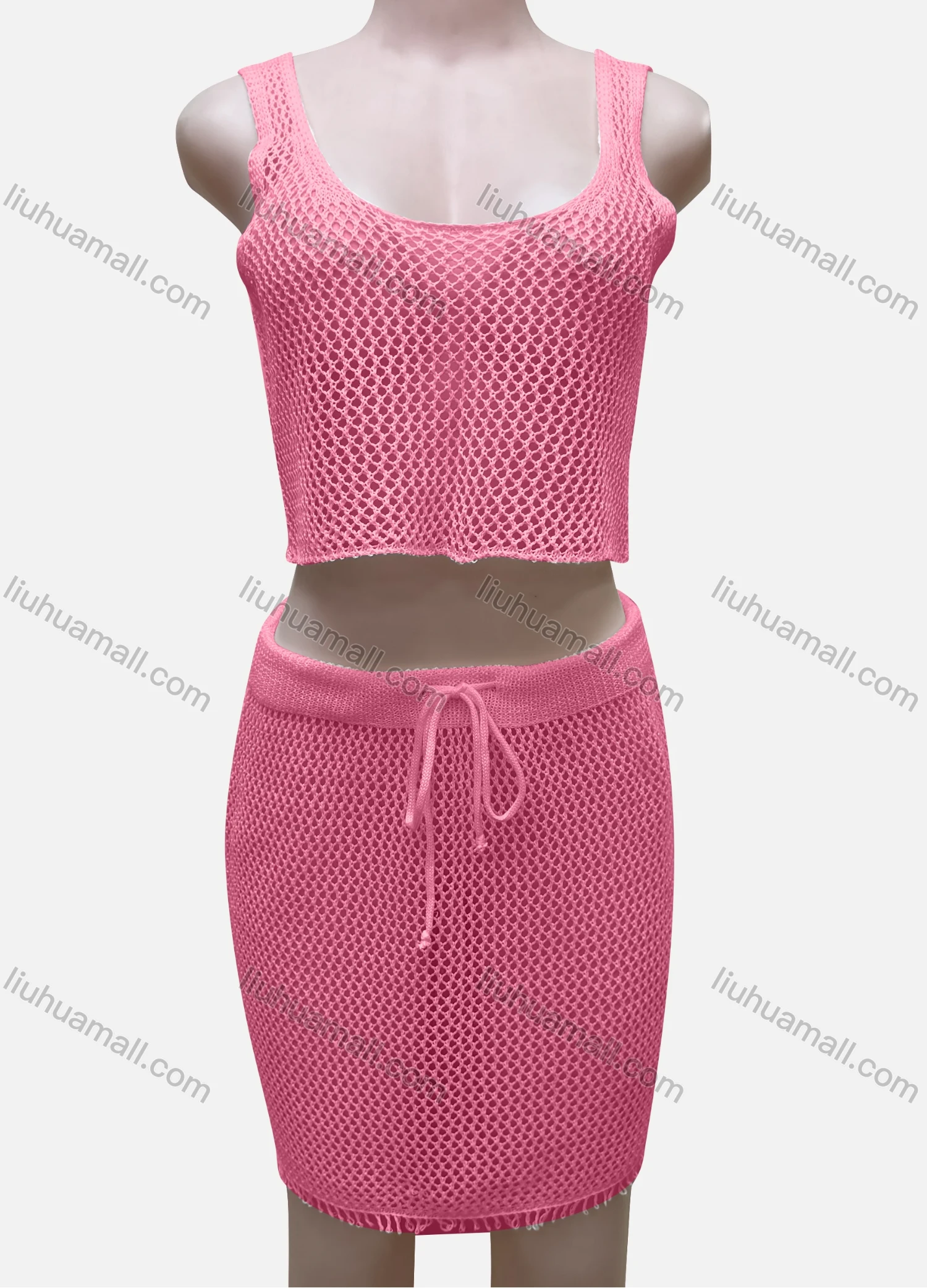Wholesale Women's Vacation Plain Hollow Out Tank Crop Top & Drawstring Short Skirts Cover Up 2 Piece Set 80254# - Liuhuamall
