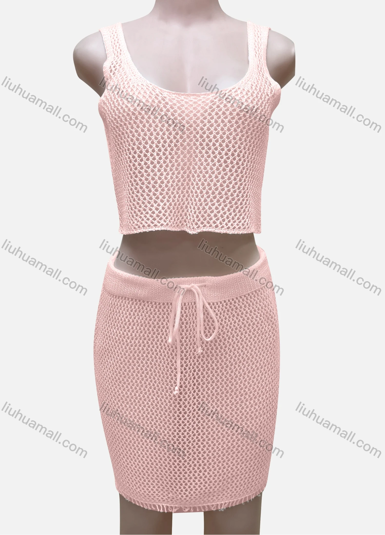 Wholesale Women's Vacation Plain Hollow Out Tank Crop Top & Drawstring Short Skirts Cover Up 2 Piece Set 80254# - Liuhuamall