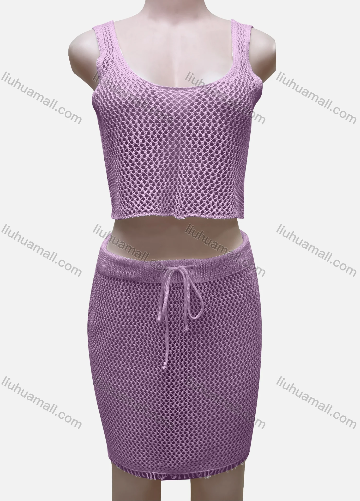 Wholesale Women's Vacation Plain Hollow Out Tank Crop Top & Drawstring Short Skirts Cover Up 2 Piece Set 80254# - Liuhuamall