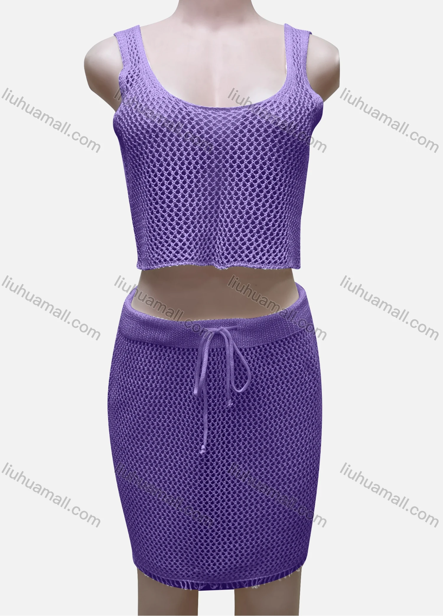 Wholesale Women's Vacation Plain Hollow Out Tank Crop Top & Drawstring Short Skirts Cover Up 2 Piece Set 80254# - Liuhuamall