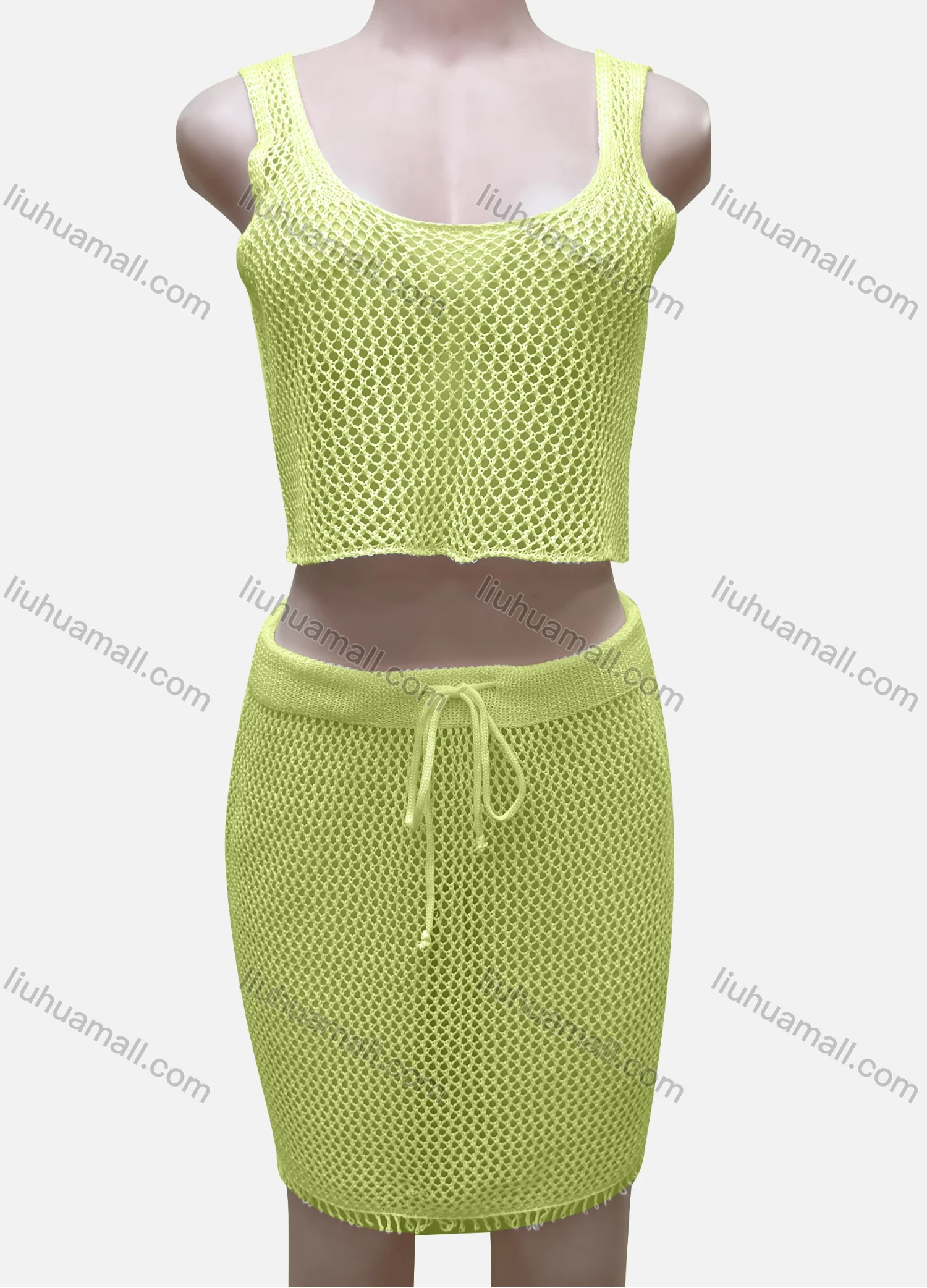 Wholesale Women's Vacation Plain Hollow Out Tank Crop Top & Drawstring Short Skirts Cover Up 2 Piece Set 80254# - Liuhuamall