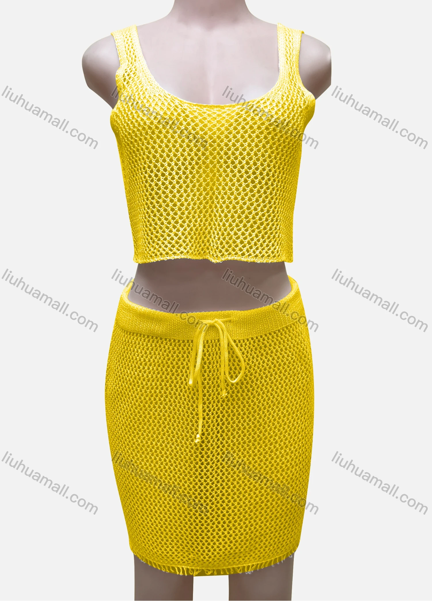 Wholesale Women's Vacation Plain Hollow Out Tank Crop Top & Drawstring Short Skirts Cover Up 2 Piece Set 80254# - Liuhuamall
