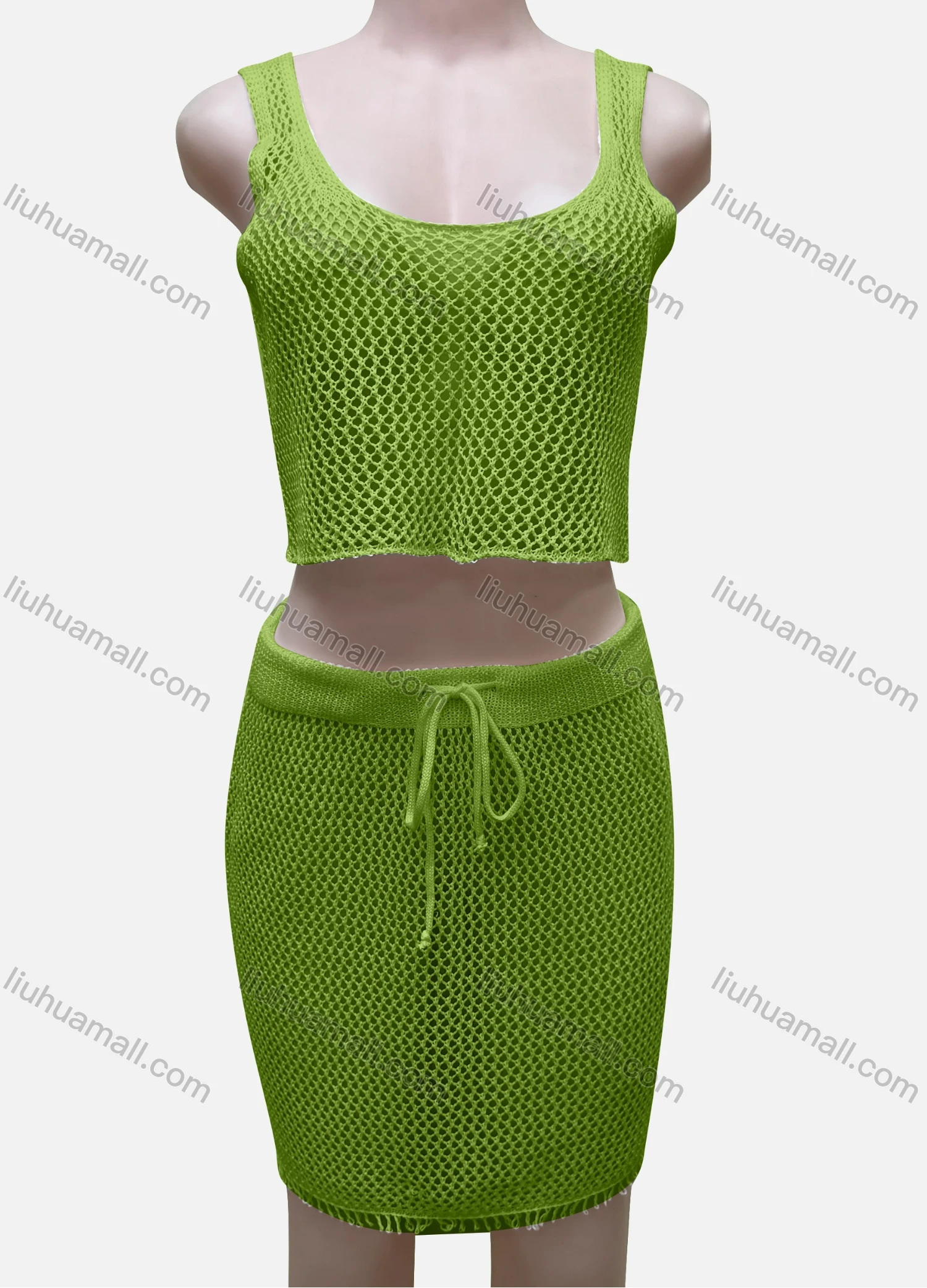 Wholesale Women's Vacation Plain Hollow Out Tank Crop Top & Drawstring Short Skirts Cover Up 2 Piece Set 80254# - Liuhuamall