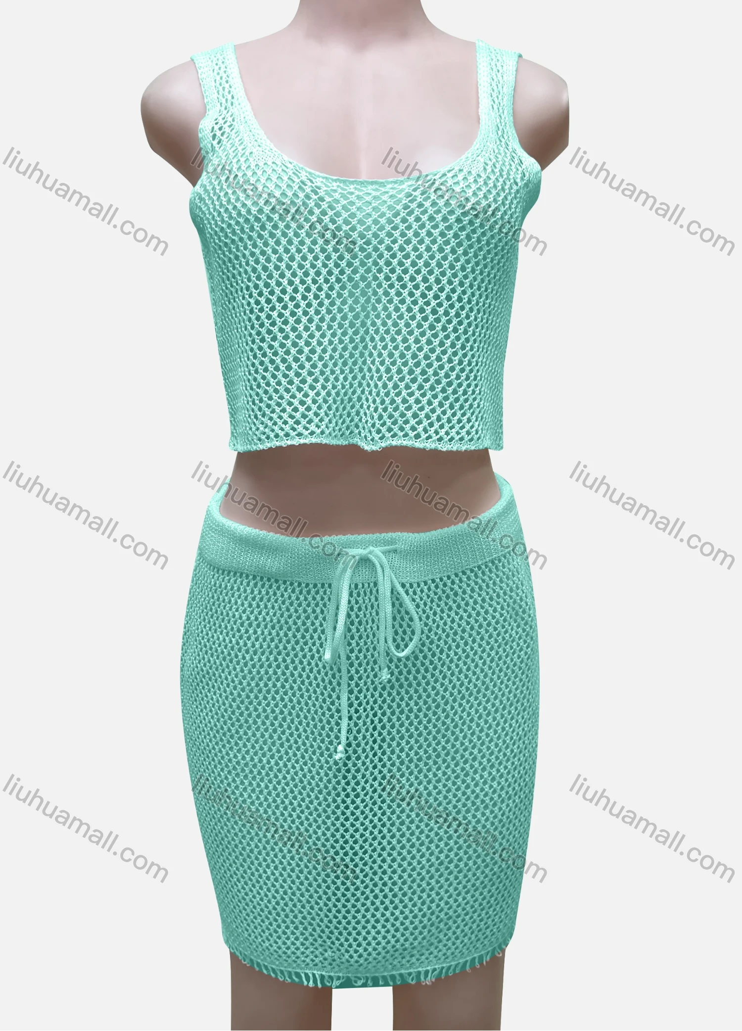 Wholesale Women's Vacation Plain Hollow Out Tank Crop Top & Drawstring Short Skirts Cover Up 2 Piece Set 80254# - Liuhuamall
