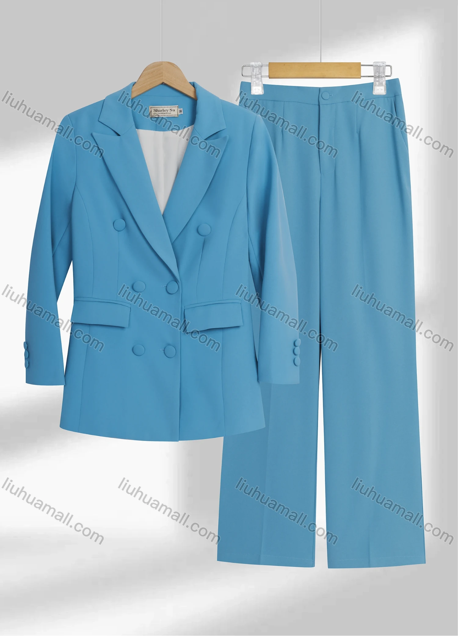 Wholesale Women's Formal Lapel Plain Flap Pockets Double Breasted Blazer & Pocket Pants 2-Piece Suit Sets - Liuhuamall