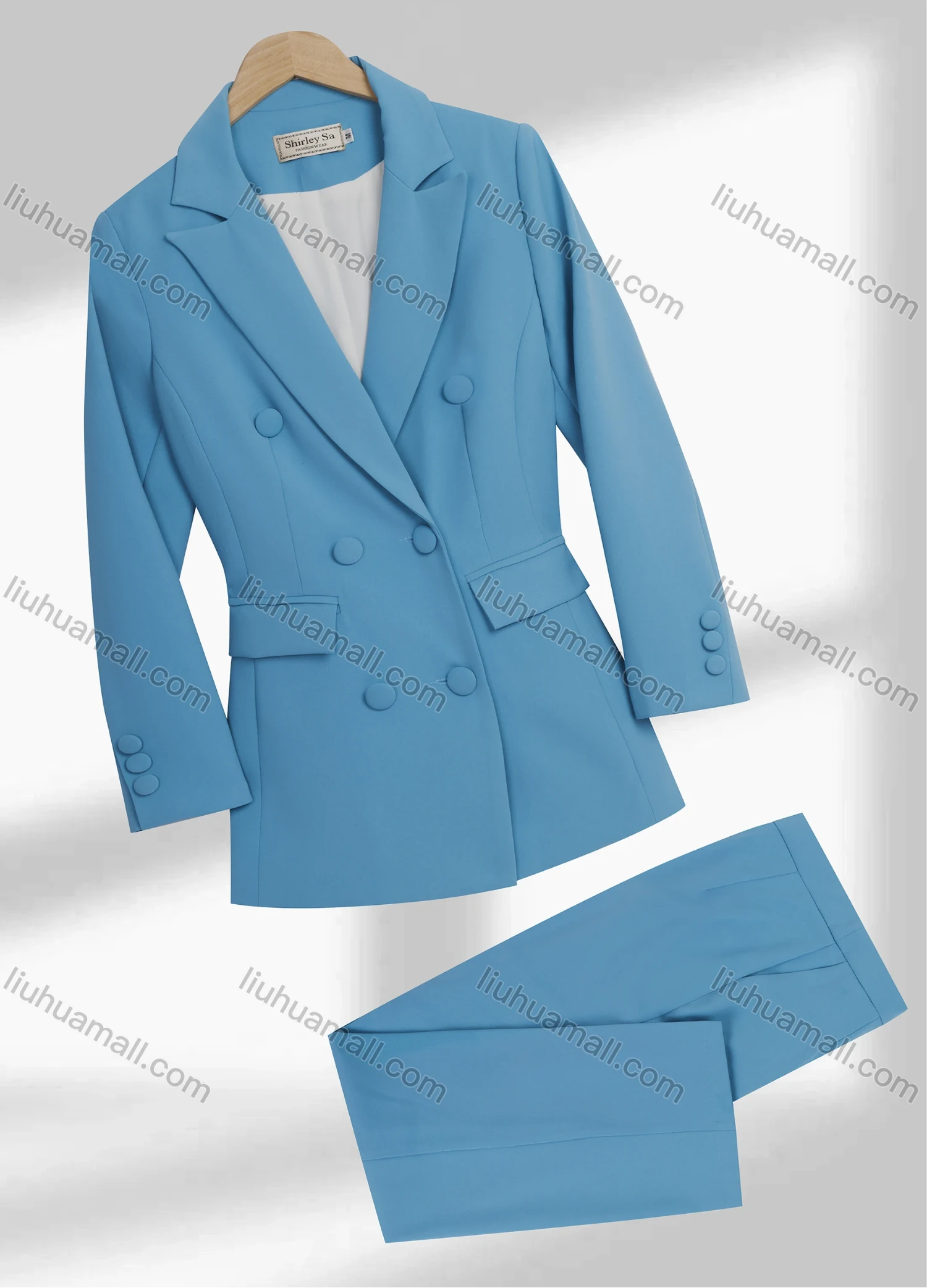 Wholesale Women's Formal Lapel Plain Flap Pockets Double Breasted Blazer & Pocket Pants 2-Piece Suit Sets - Liuhuamall