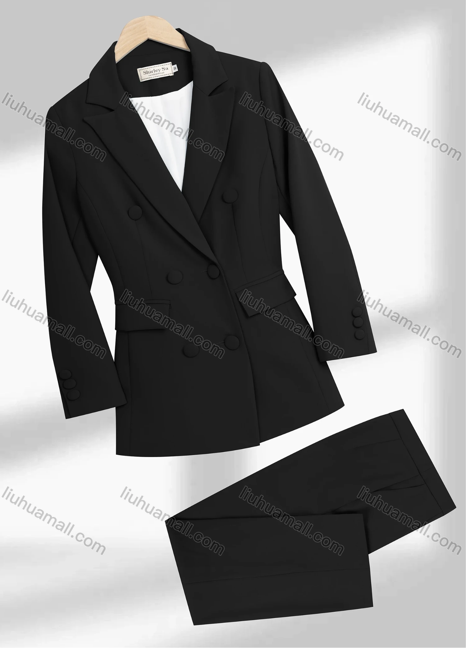 Wholesale Women's Formal Lapel Plain Flap Pockets Double Breasted Blazer & Pocket Pants 2-Piece Suit Sets - Liuhuamall