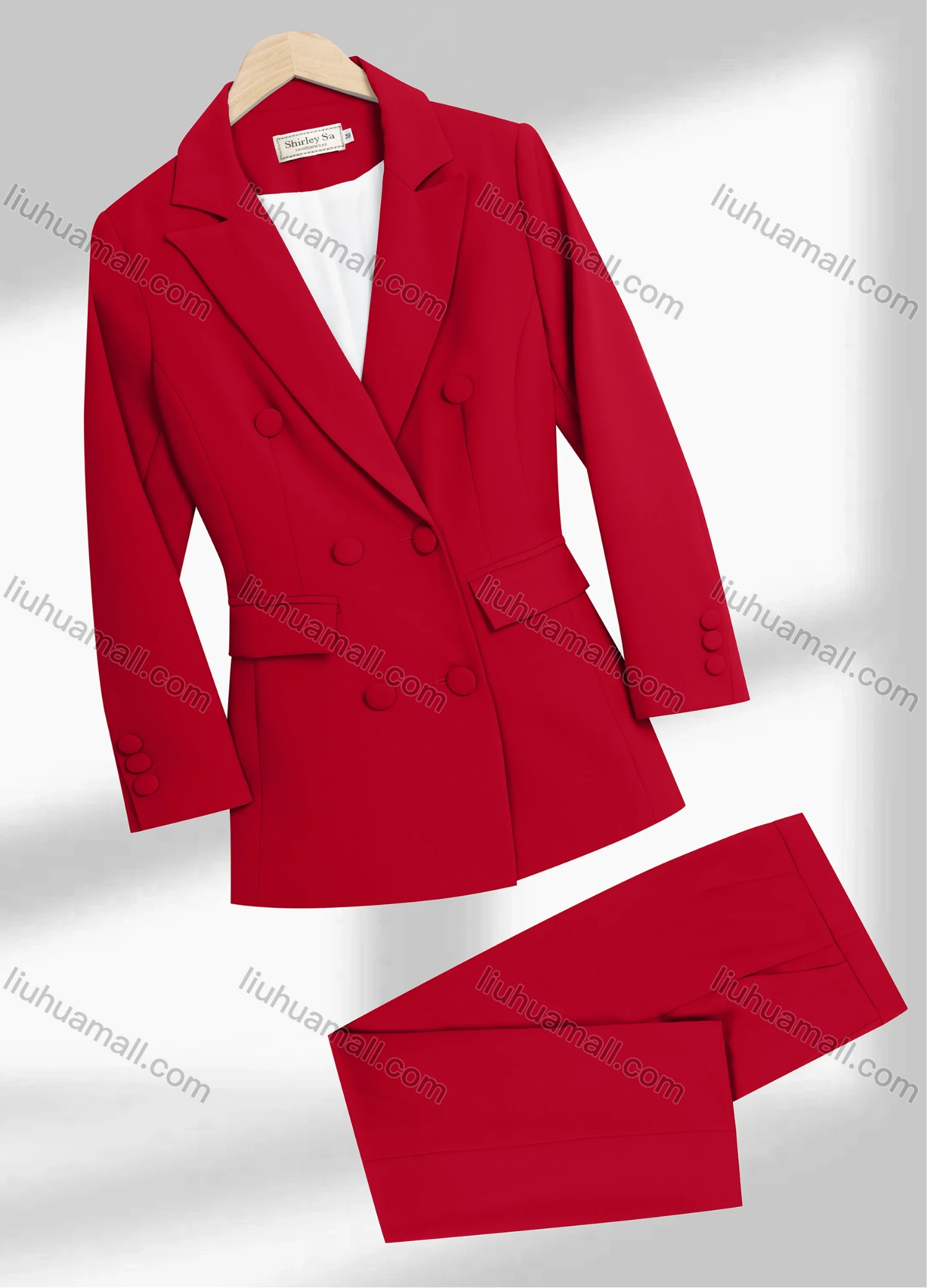Wholesale Women's Formal Lapel Plain Flap Pockets Double Breasted Blazer & Pocket Pants 2-Piece Suit Sets - Liuhuamall