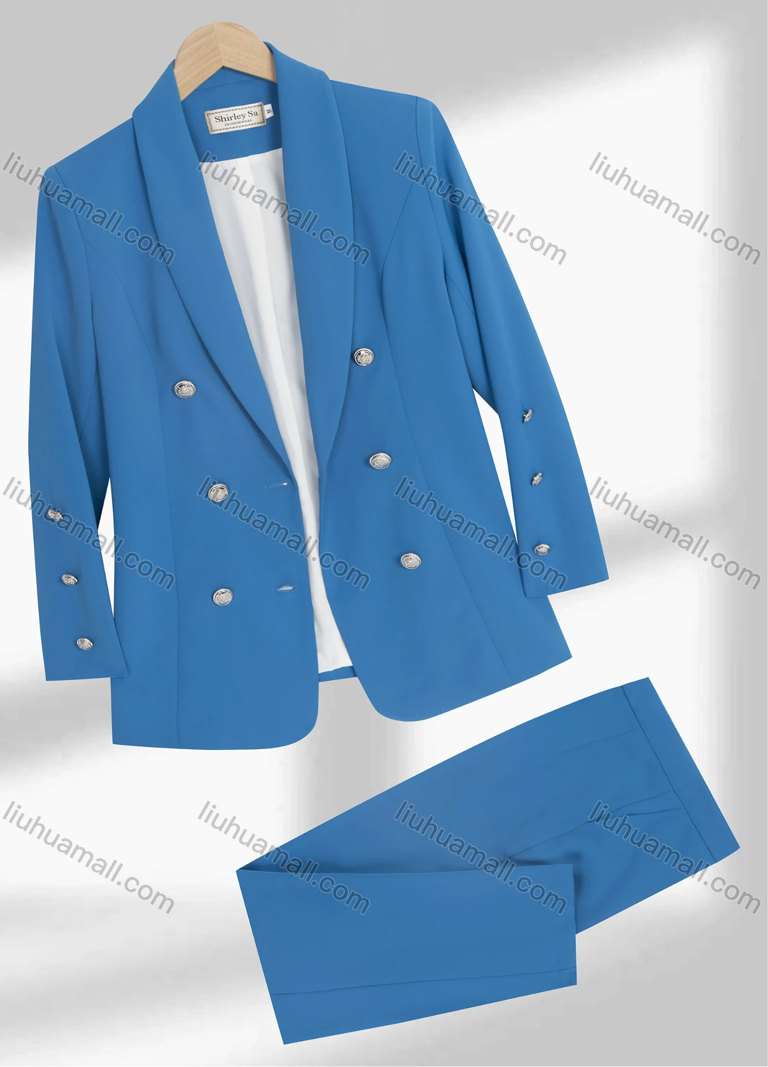 Wholesale Women's Formal Double Breasted Plain Shawl Collar Button Decor Blazer & Pocket Pants 2-Piece Suit Sets - Liuhuamall