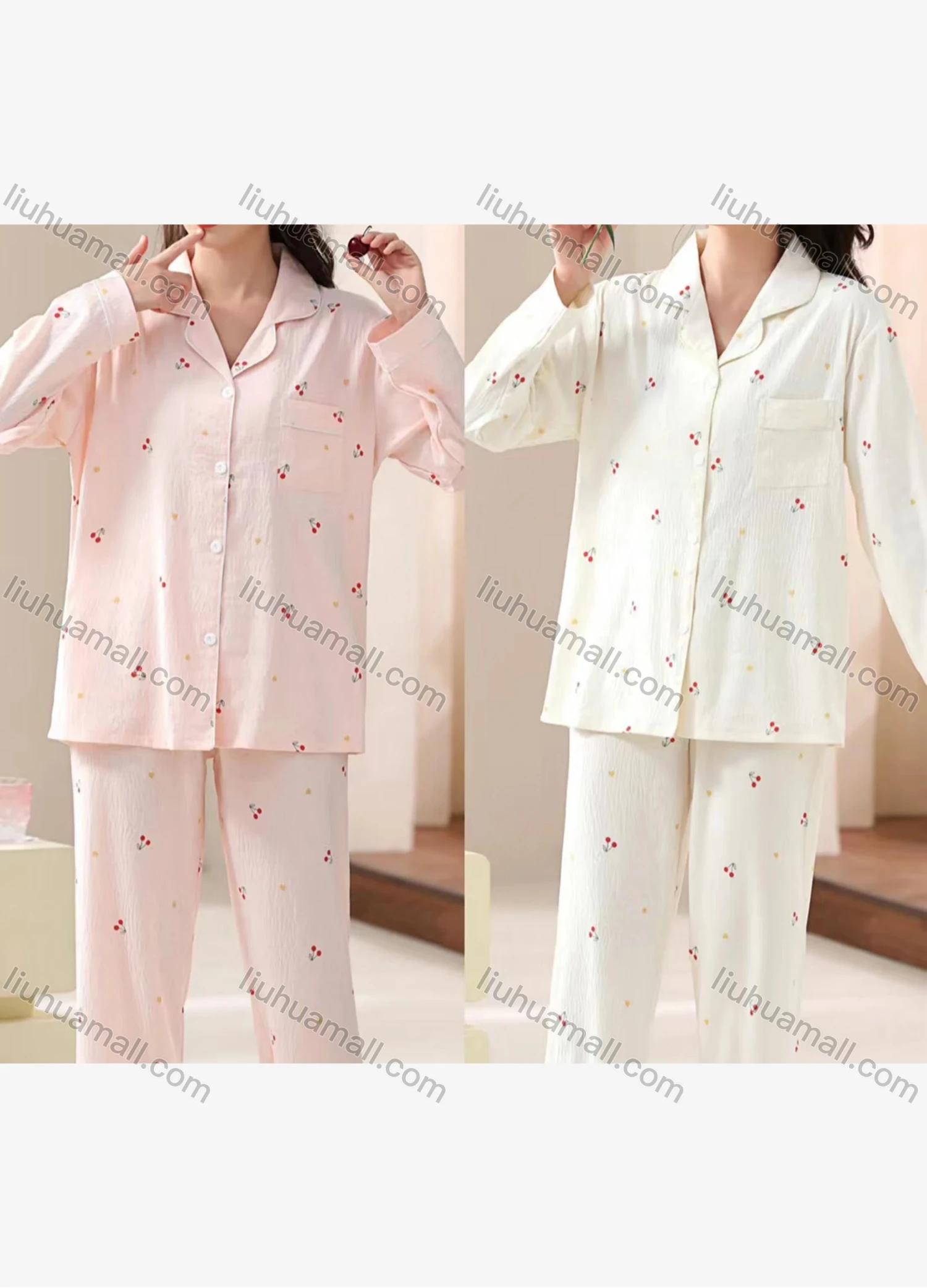 Wholesale Women's Comfy Cherry Print Lapel Button Down Patch Pocket Long Sleeve Lounge Pajamas 2 Piece Set 36-1# - Liuhuamall