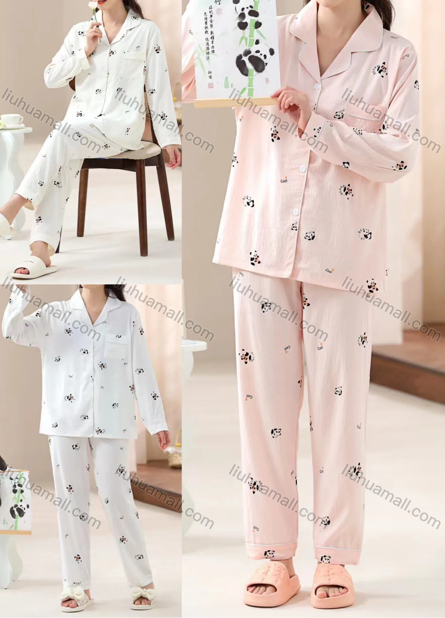Wholesale Women's Comfy Animal Panda Lapel Button Down Patch Pocket Long Sleeve Lounge Pajamas 2 Piece Set 36-3# - Liuhuamall