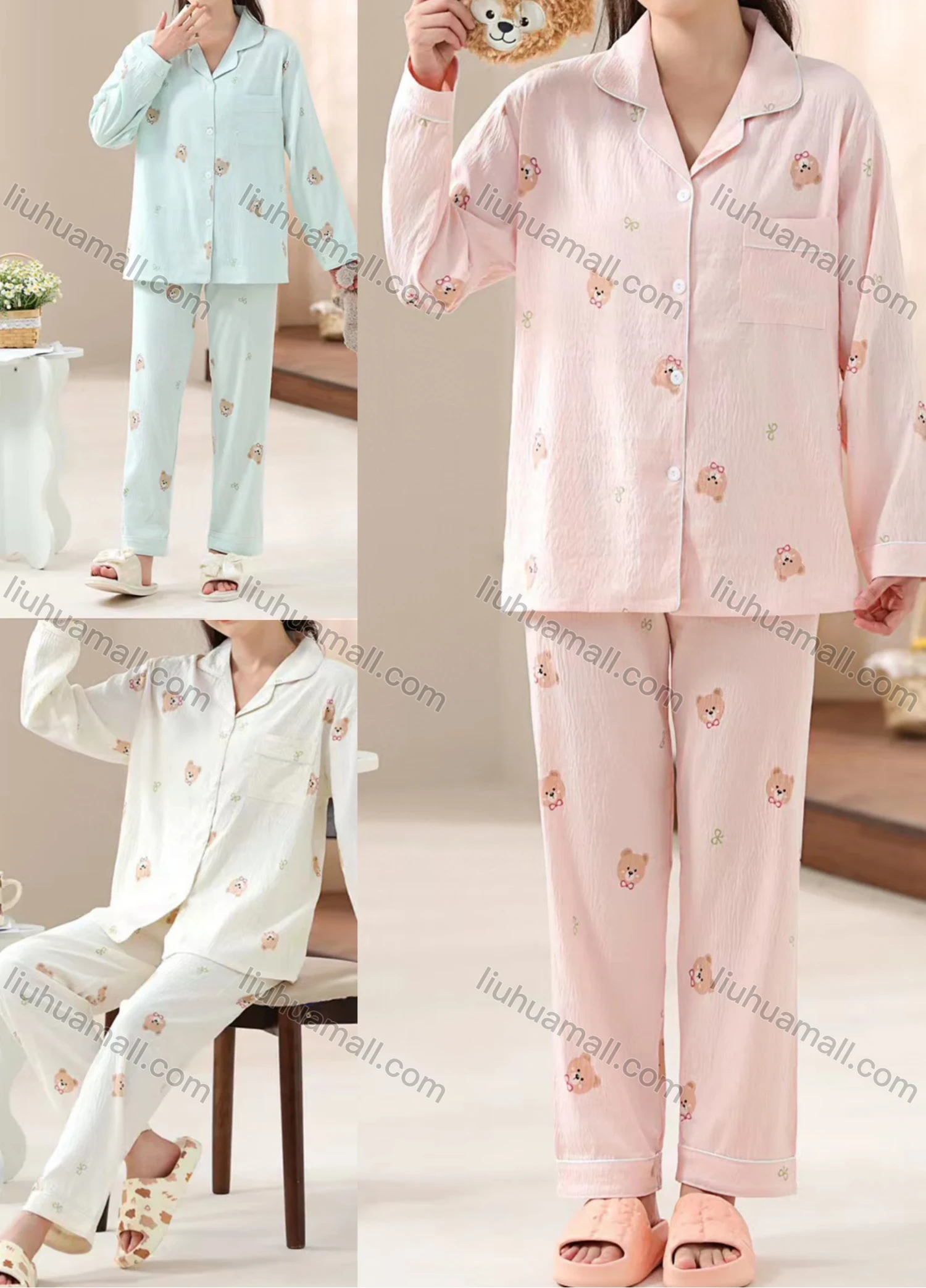 Wholesale Women's Comfy Animal Bear Lapel Button Down Patch Pocket Long Sleeve Lounge Pajamas 2 Piece Set 36-6# - Liuhuamall