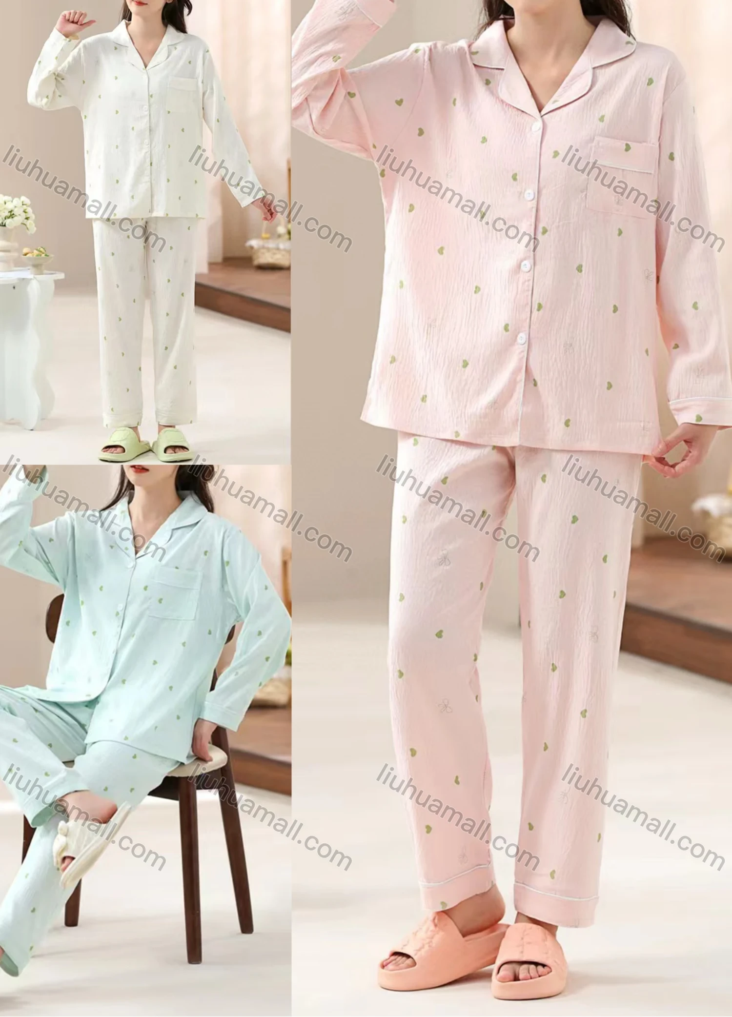 Wholesale Women's Comfy Heart Lapel Button Down Patch Pocket Long Sleeve Lounge Pajamas 2 Piece Set 36-9# - Liuhuamall