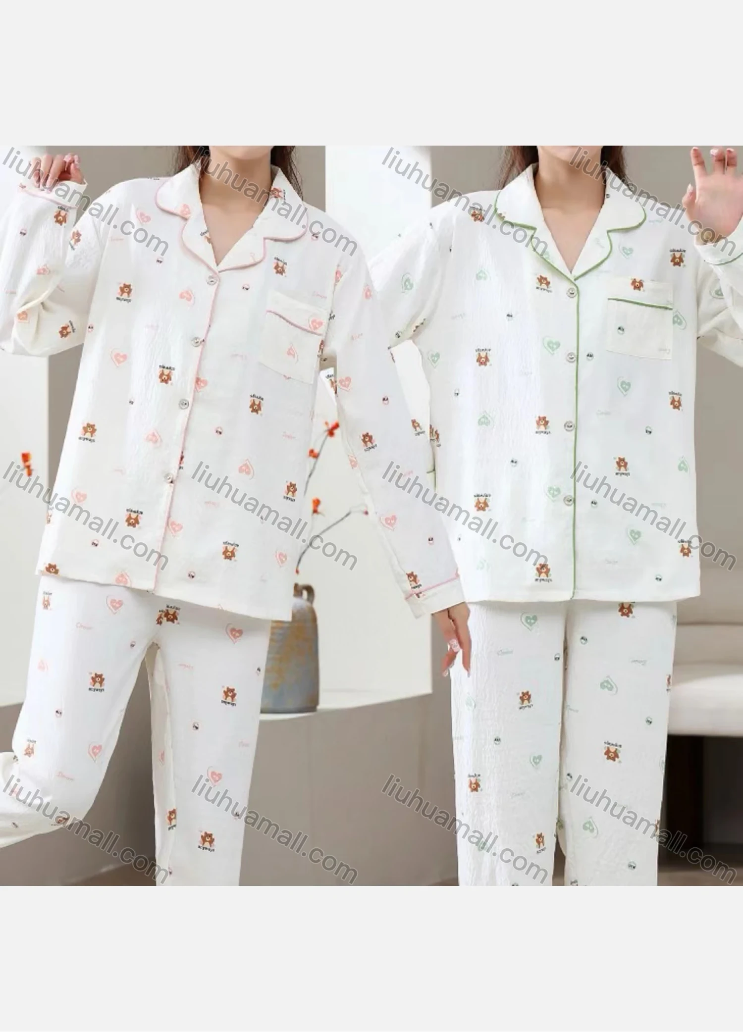 Wholesale Women's Soft Cartoon Heart Lapel Button Down Patch Pocket Long Sleeve Lounge Pajamas 2 Piece Set 619-3# - Liuhuamall