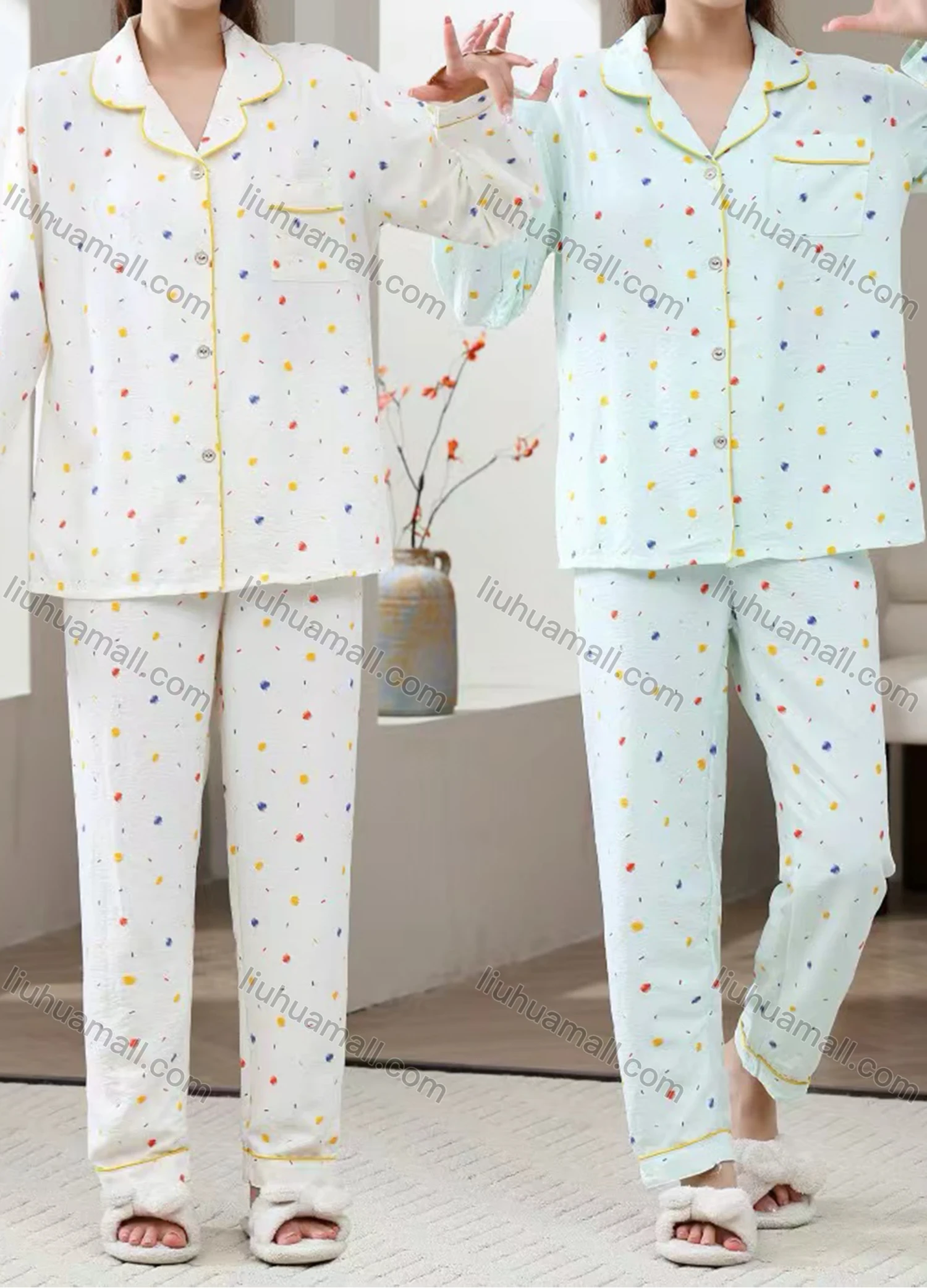 Wholesale Women's Soft Heart Lapel Button Down Patch Pocket Long Sleeve Lounge Pajamas 2 Piece Set 619-5# - Liuhuamall