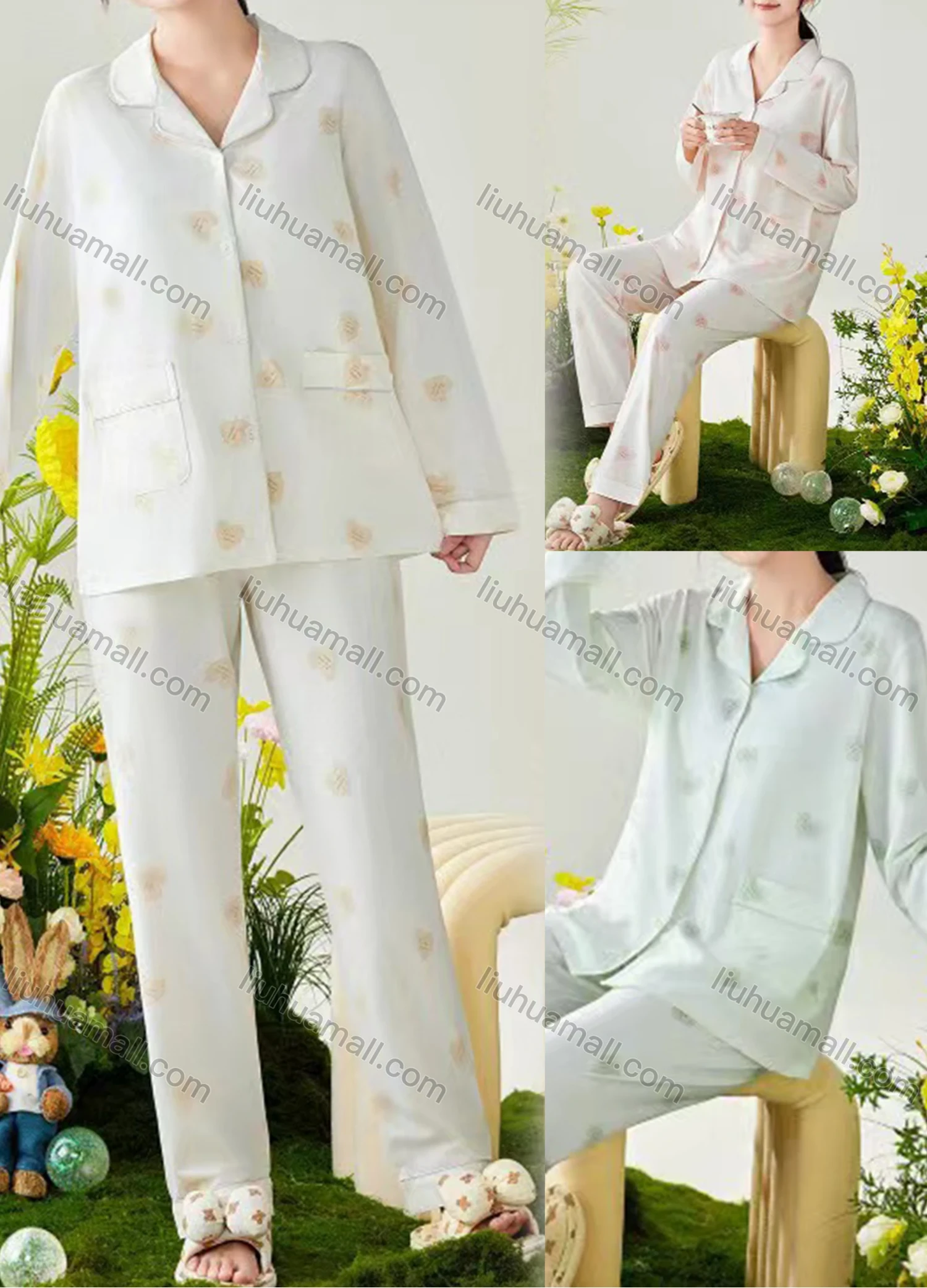 Wholesale Women's Soft Heart Lapel Button Down Double Pockets Long Sleeve Lounge Pajamas 2 Piece Set 866-1# - Liuhuamall