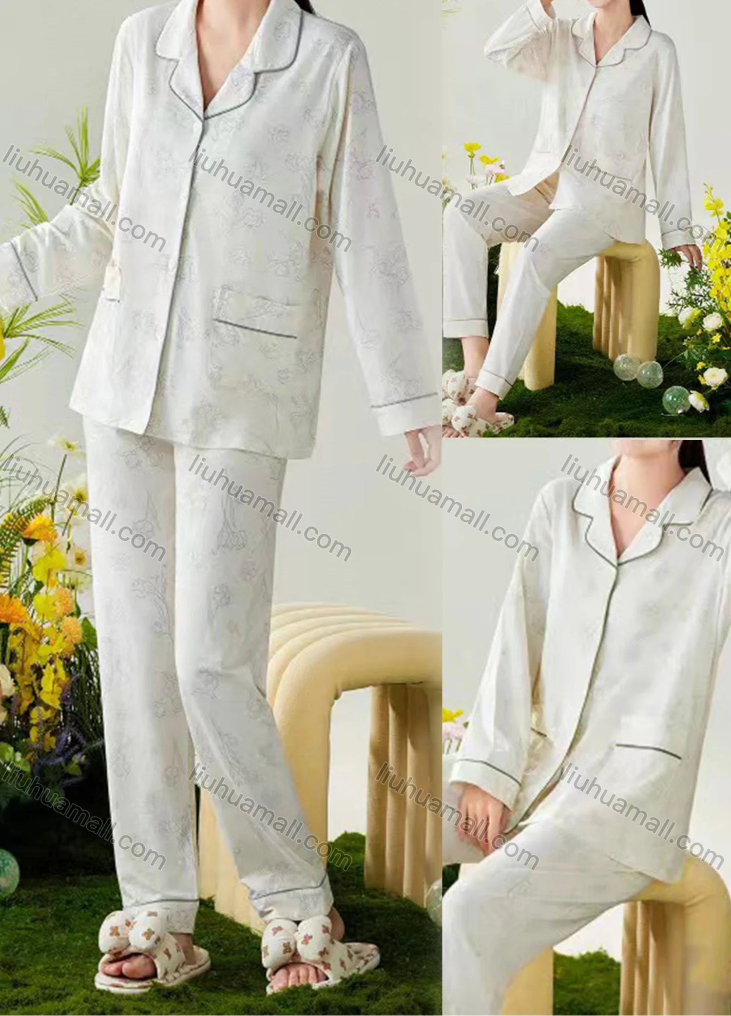 Wholesale Women's Soft Floral Lapel Button Down Double Pockets Long Sleeve Lounge Pajamas 2 Piece Set 866-2# - Liuhuamall