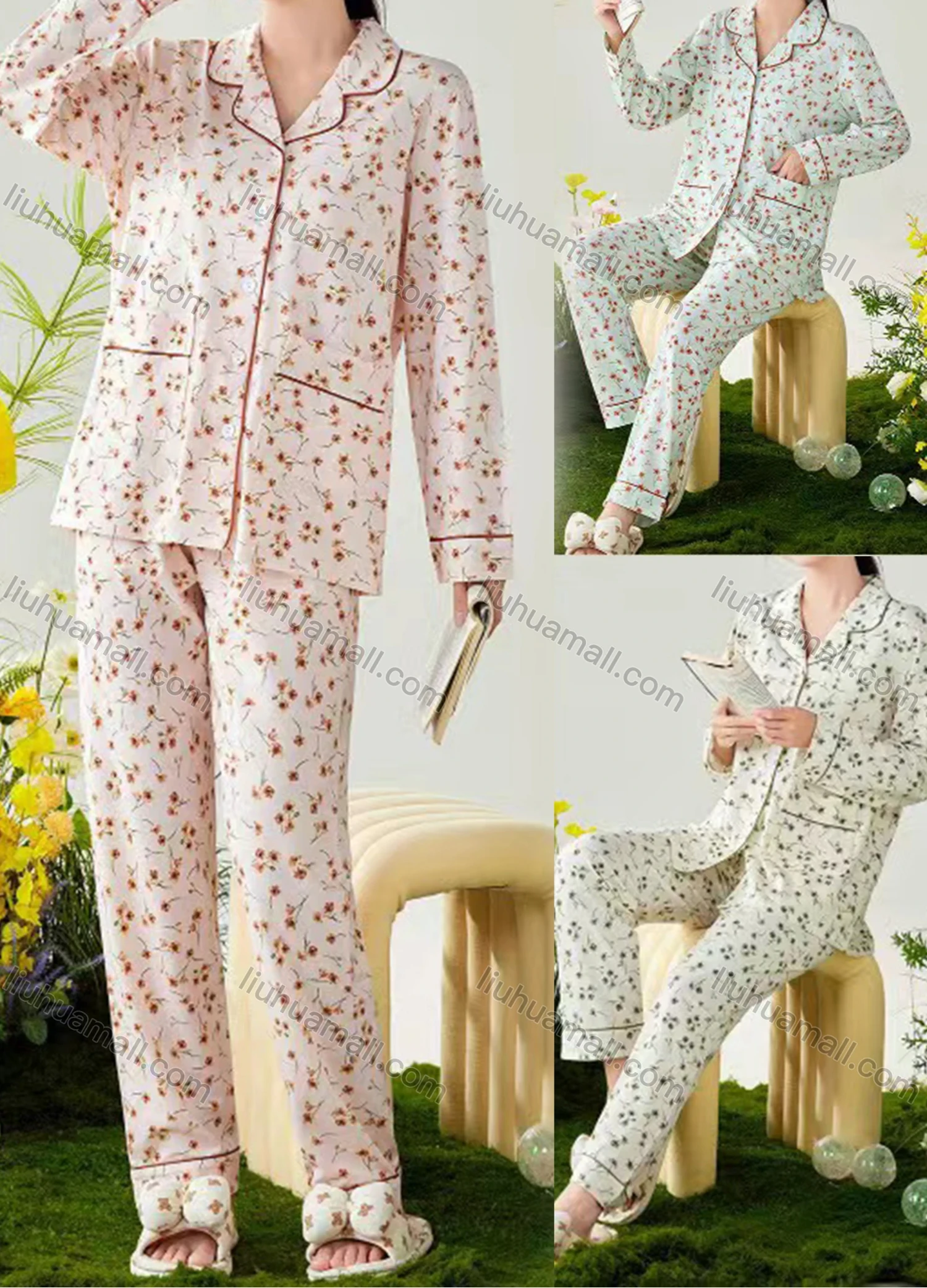 Wholesale Women's Soft Ditsy Floral Lapel Button Down Double Pockets Long Sleeve Lounge Pajamas 2 Piece Set 866-3# - Liuhuamall
