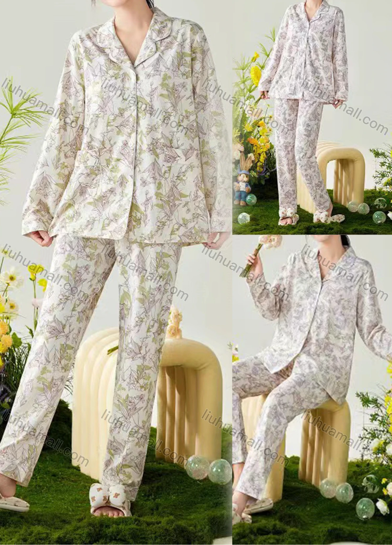 Wholesale Women's Soft Floral Lapel Button Down Double Pockets Long Sleeve Lounge Pajamas 2 Piece Set 866-4# - Liuhuamall