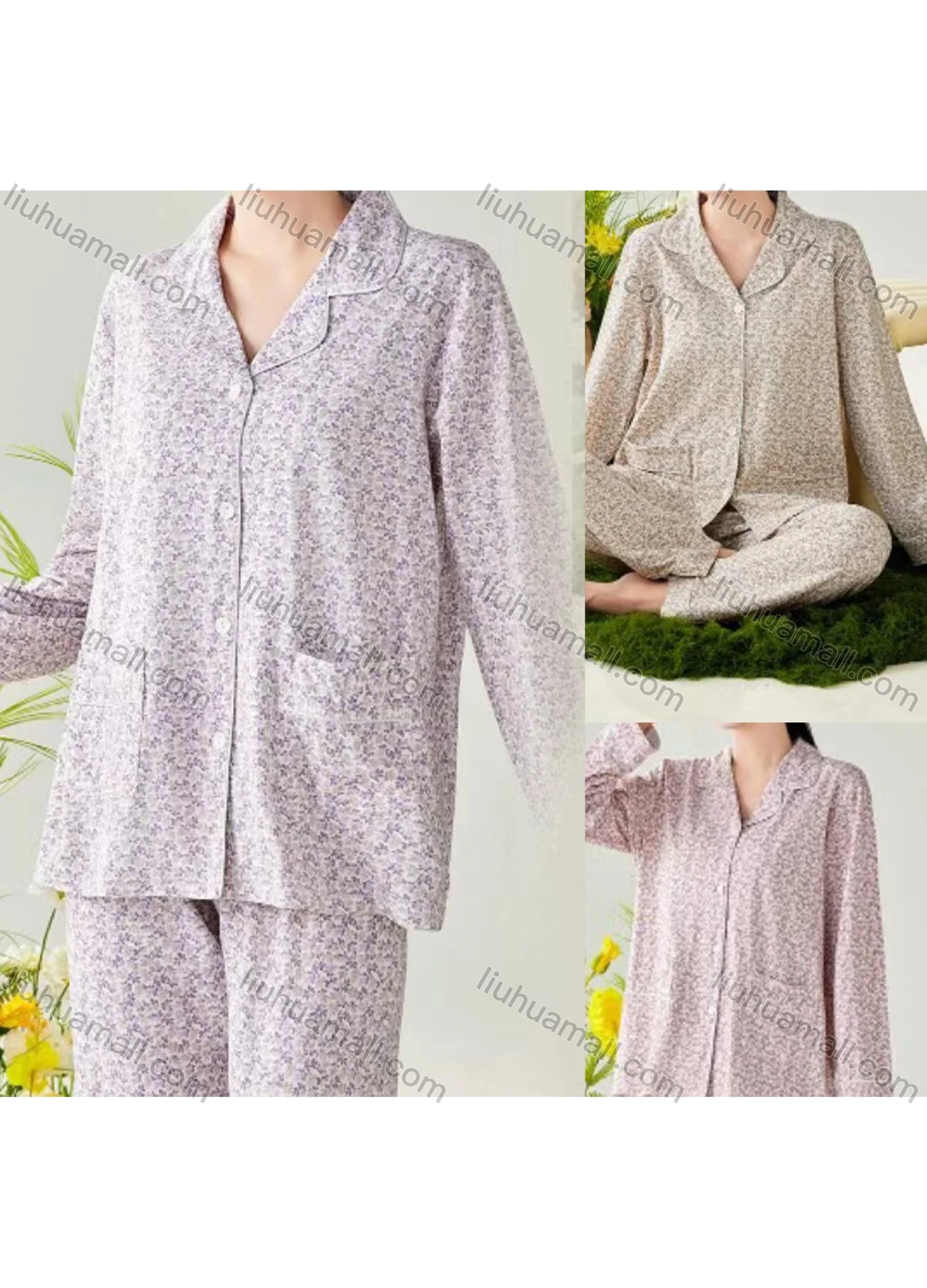 Wholesale Women's Soft Ditsy Floral Lapel Button Down Pocket Long Sleeve Lounge Pajamas 2 Piece Set 866-6# - Liuhuamall