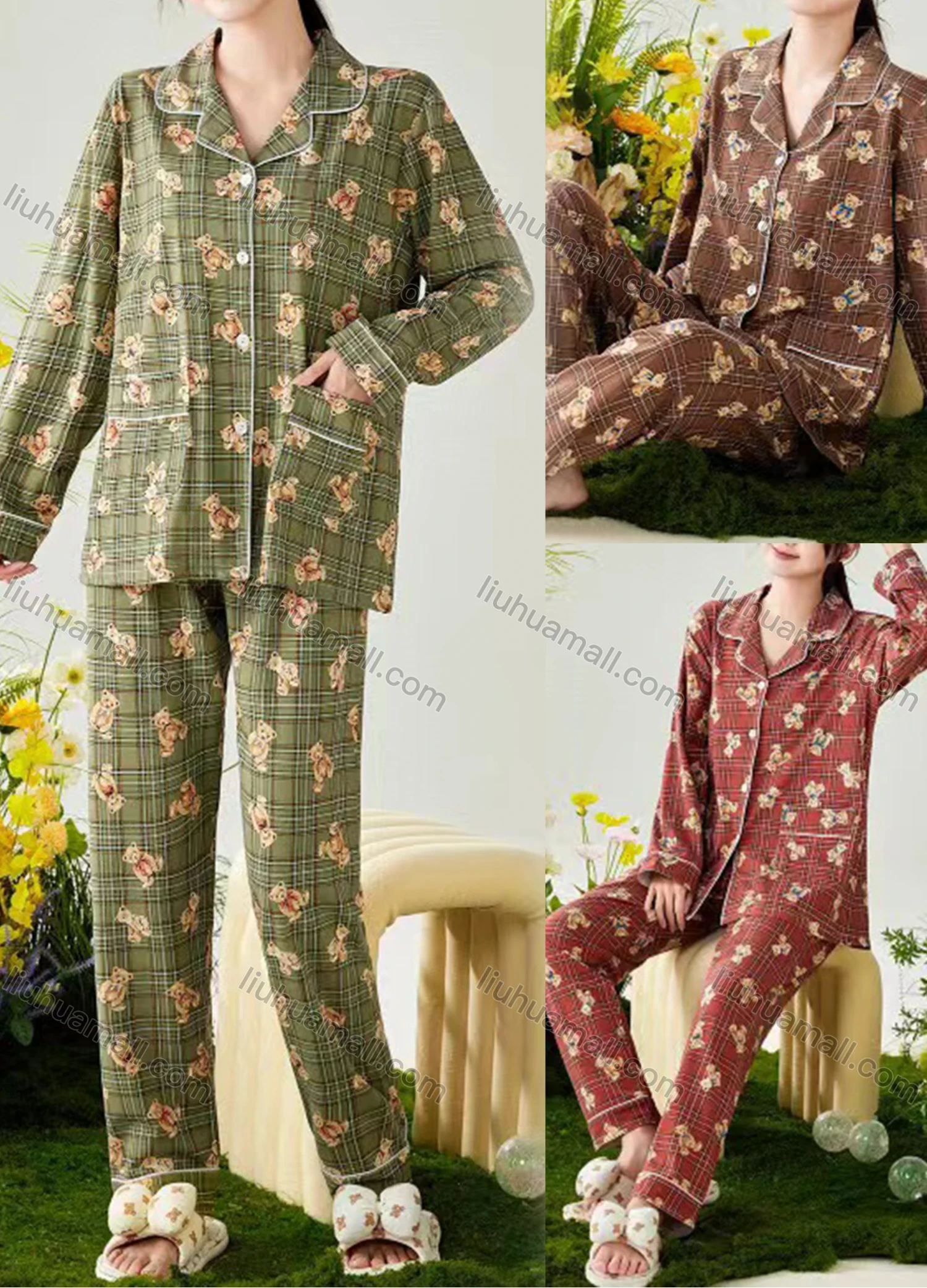 Wholesale Women's Comfy Plaid Bear Lapel Button Down Pocket Long Sleeve Lounge Pajamas 2 Piece Set 866-7# - Liuhuamall