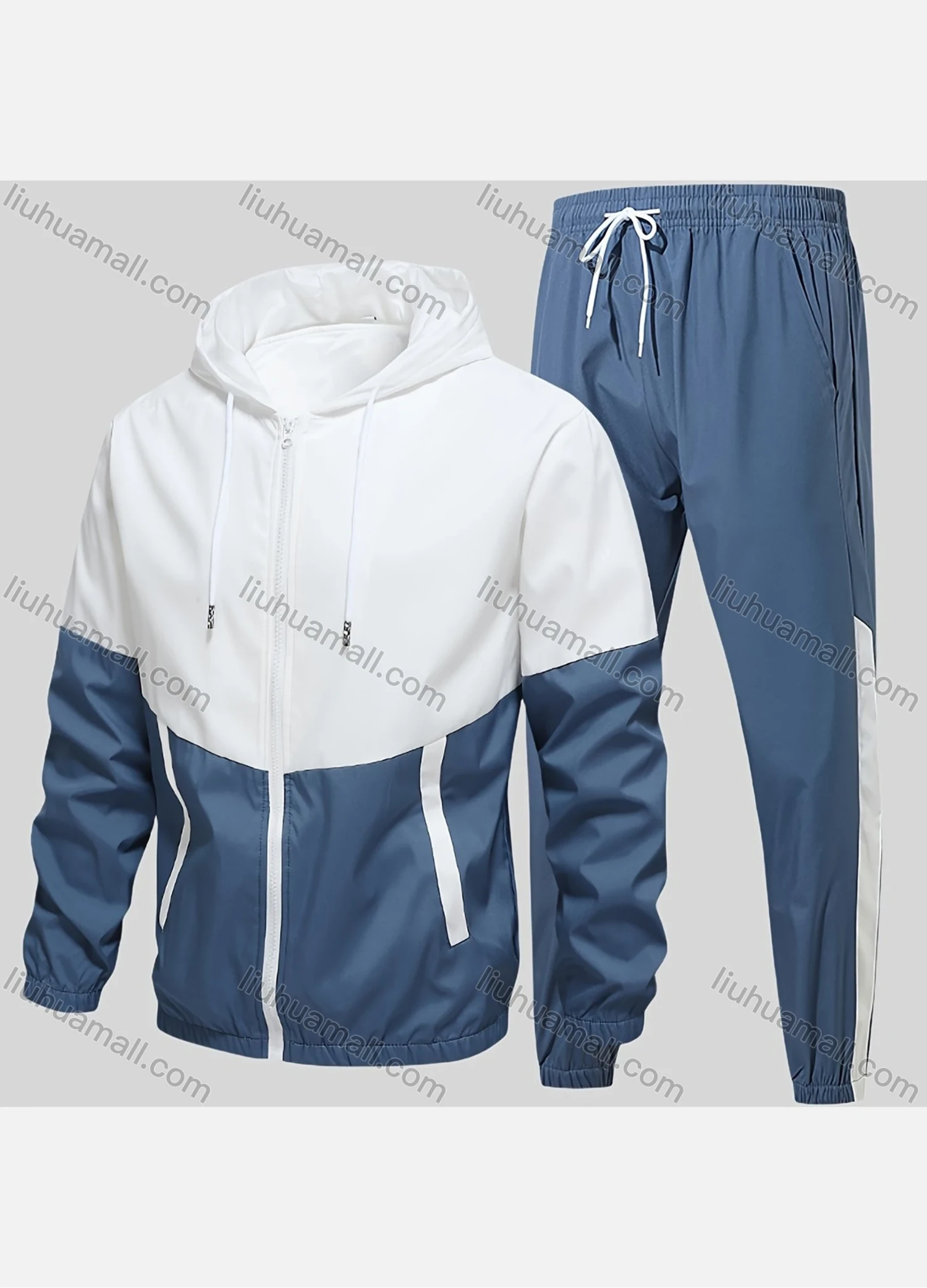 Wholesale Men's Athletic Colorblock Windproof Drawstring Hooded Long Sleeve Zipper Jacket & Pocket Jogger Pant Wb001# - Liuhuamall