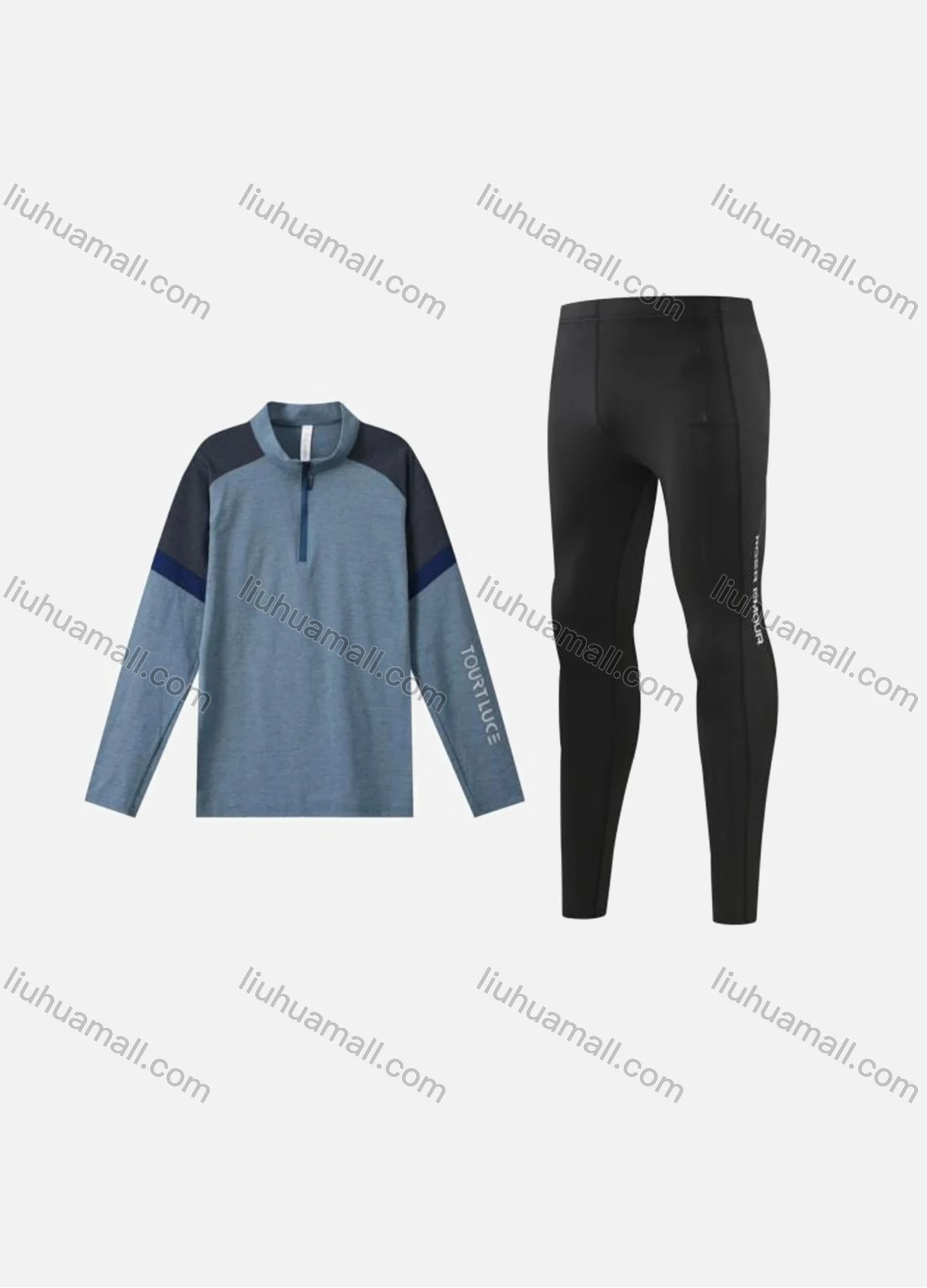 Wholesale Men's Athletic Workout Colorblock Letter Mock Neck Quarter Zip Long Sleeve Top & Running Leggings 9793+2307# - Liuhuamall