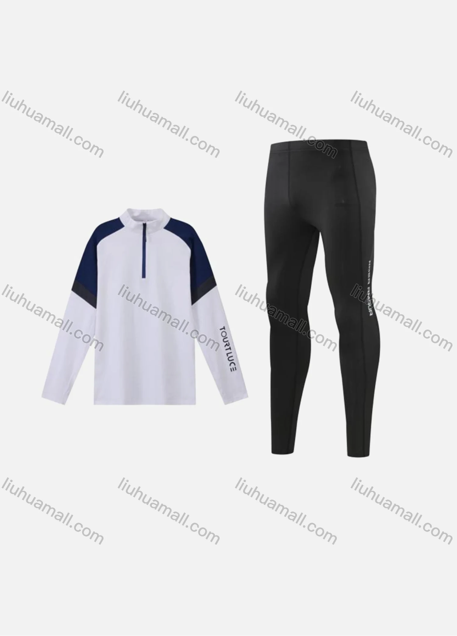 Wholesale Men's Athletic Workout Colorblock Letter Mock Neck Quarter Zip Long Sleeve Top & Running Leggings 9793+2307# - Liuhuamall