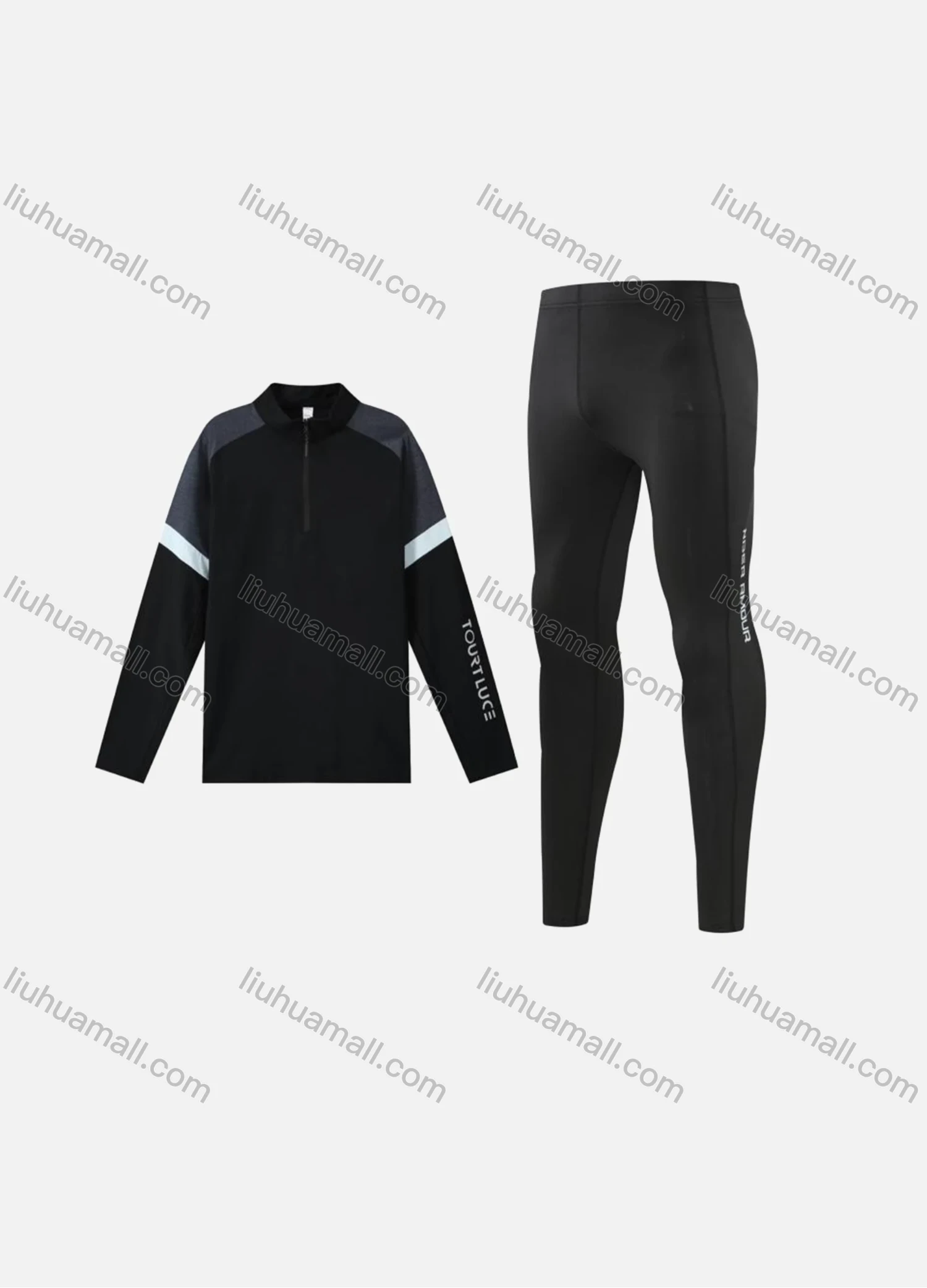 Wholesale Men's Athletic Workout Colorblock Letter Mock Neck Quarter Zip Long Sleeve Top & Running Leggings 9793+2307# - Liuhuamall
