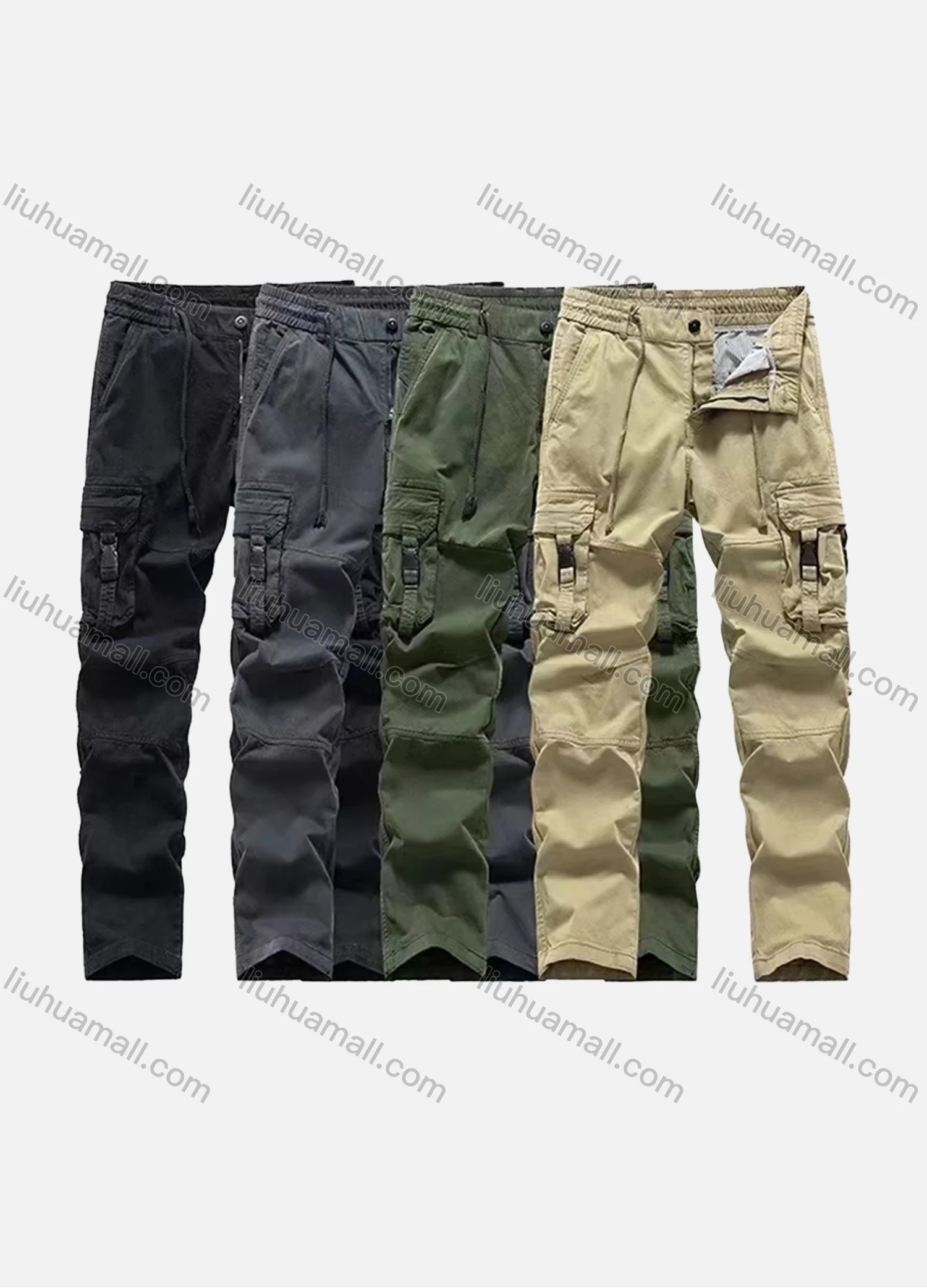 Wholesale Men's Casual Plain Flap Pockets Drawstring Cargo Pant 7612# - Liuhuamall