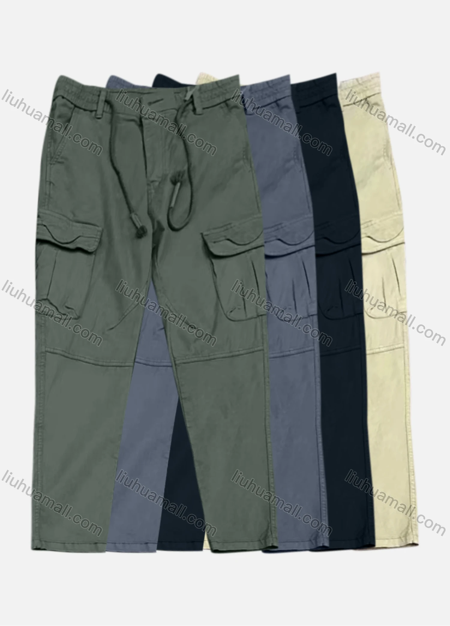 Wholesale Men's Casual Plain Flap Pockets Drawstring Elastic Waist Cargo Pant 7617# - Liuhuamall