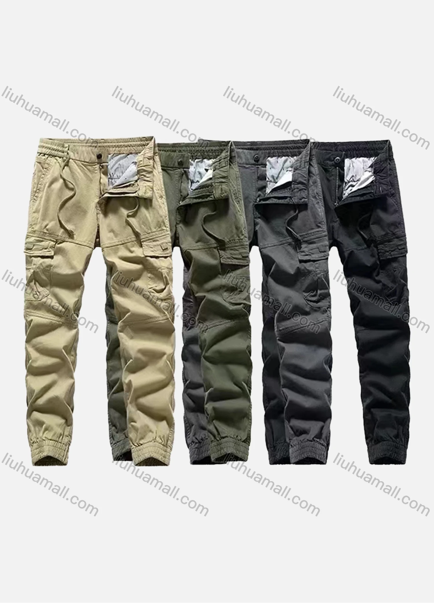 Wholesale Men's Casual Plain Flap Pockets Drawstring Elastic Waist Cargo Pant 7619# - Liuhuamall