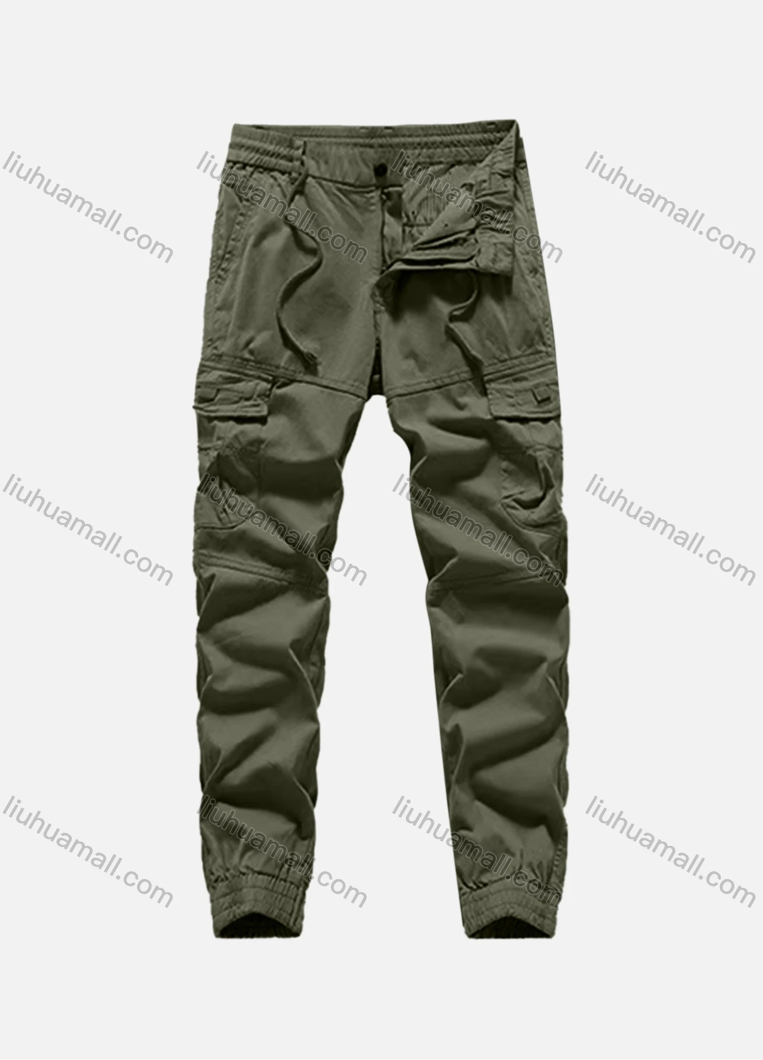 Wholesale Men's Casual Plain Flap Pockets Drawstring Elastic Waist Cargo Pant 7619# - Liuhuamall
