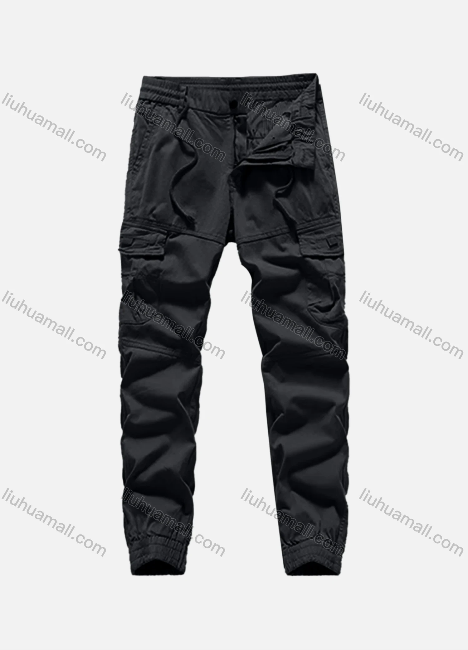 Wholesale Men's Casual Plain Flap Pockets Drawstring Elastic Waist Cargo Pant 7619# - Liuhuamall
