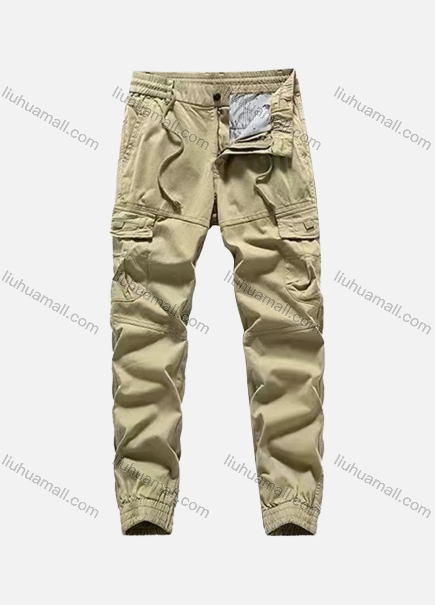 Wholesale Men's Casual Plain Flap Pockets Drawstring Elastic Waist Cargo Pant 7619# - Liuhuamall
