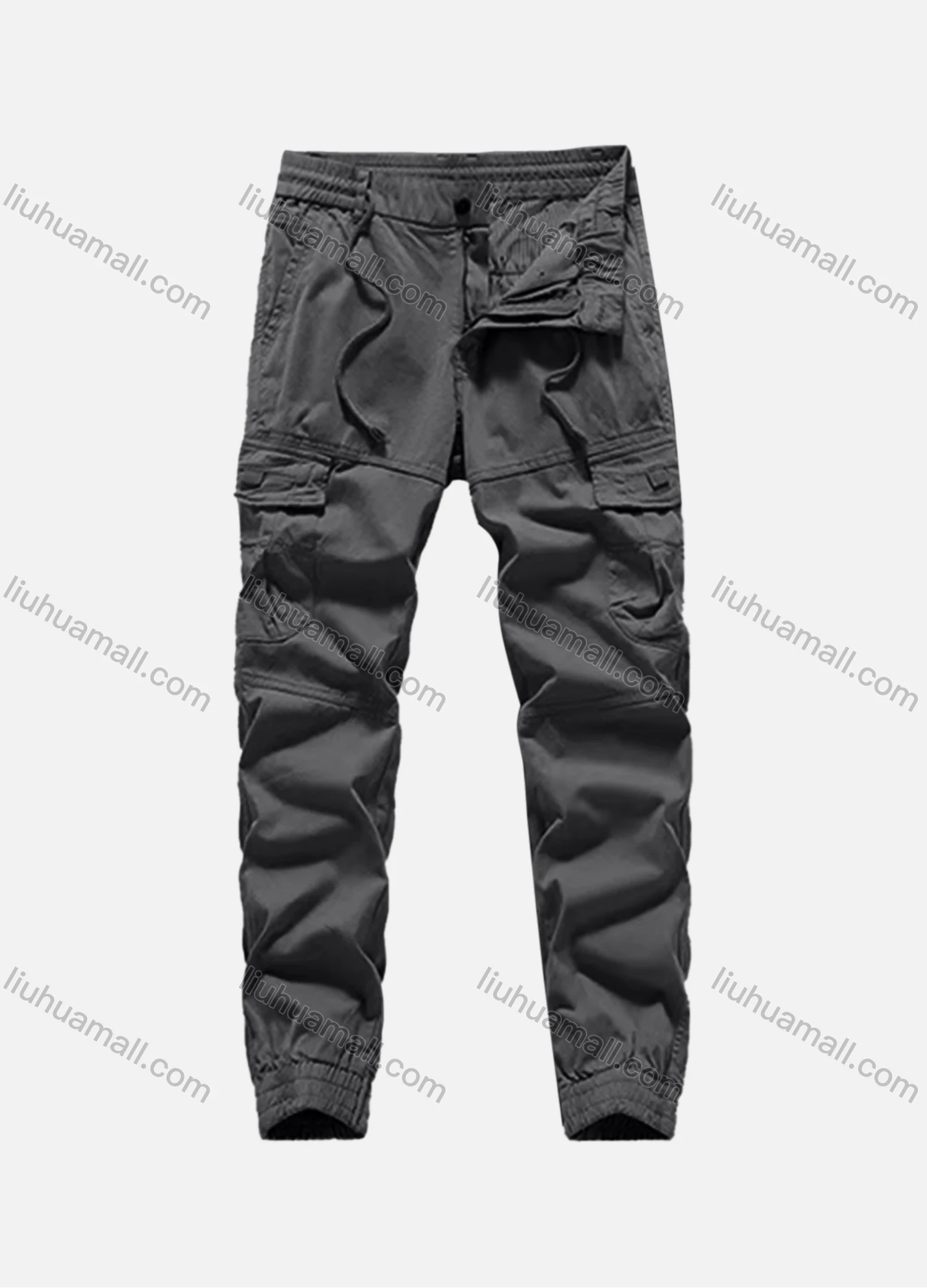Wholesale Men's Casual Plain Flap Pockets Drawstring Elastic Waist Cargo Pant 7619# - Liuhuamall