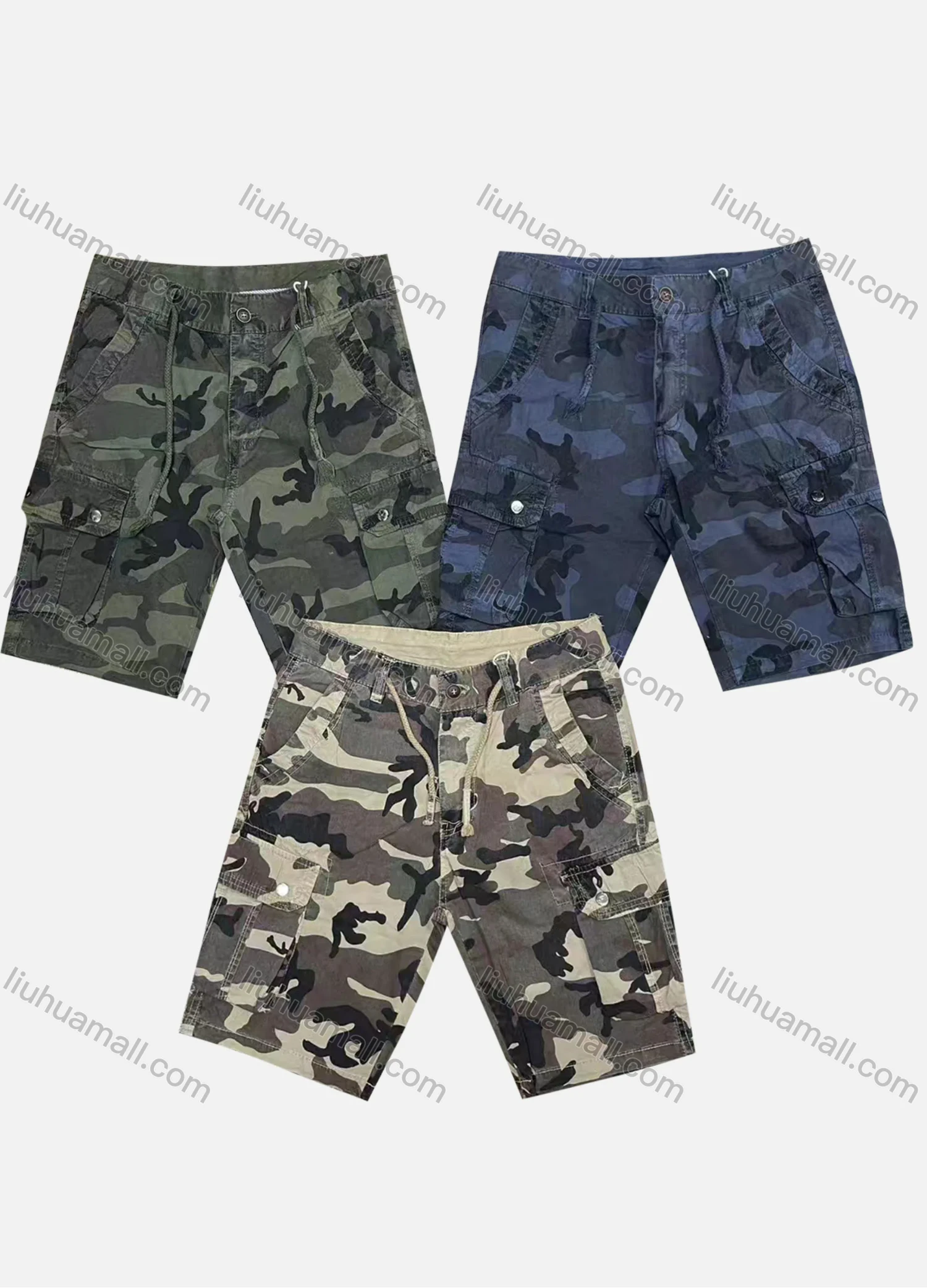 Wholesale Men's Casual Camouflage Flap Pockets Drawstring Cargo Shorts 8991# - Liuhuamall