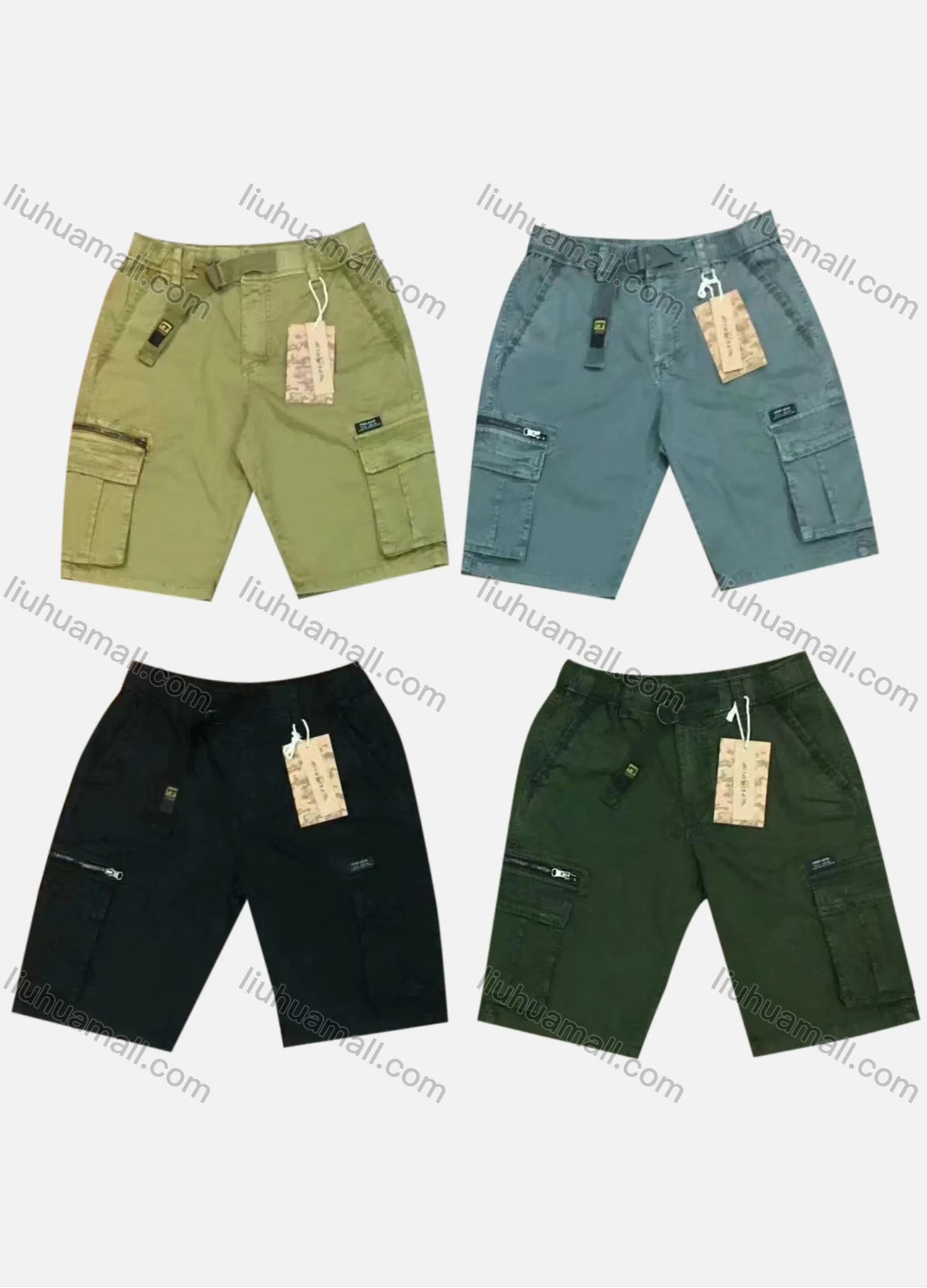 Wholesale Men's Casual Plain Flap Pockets Zip Decor Drawstring Cargo Shorts 9382# - Liuhuamall