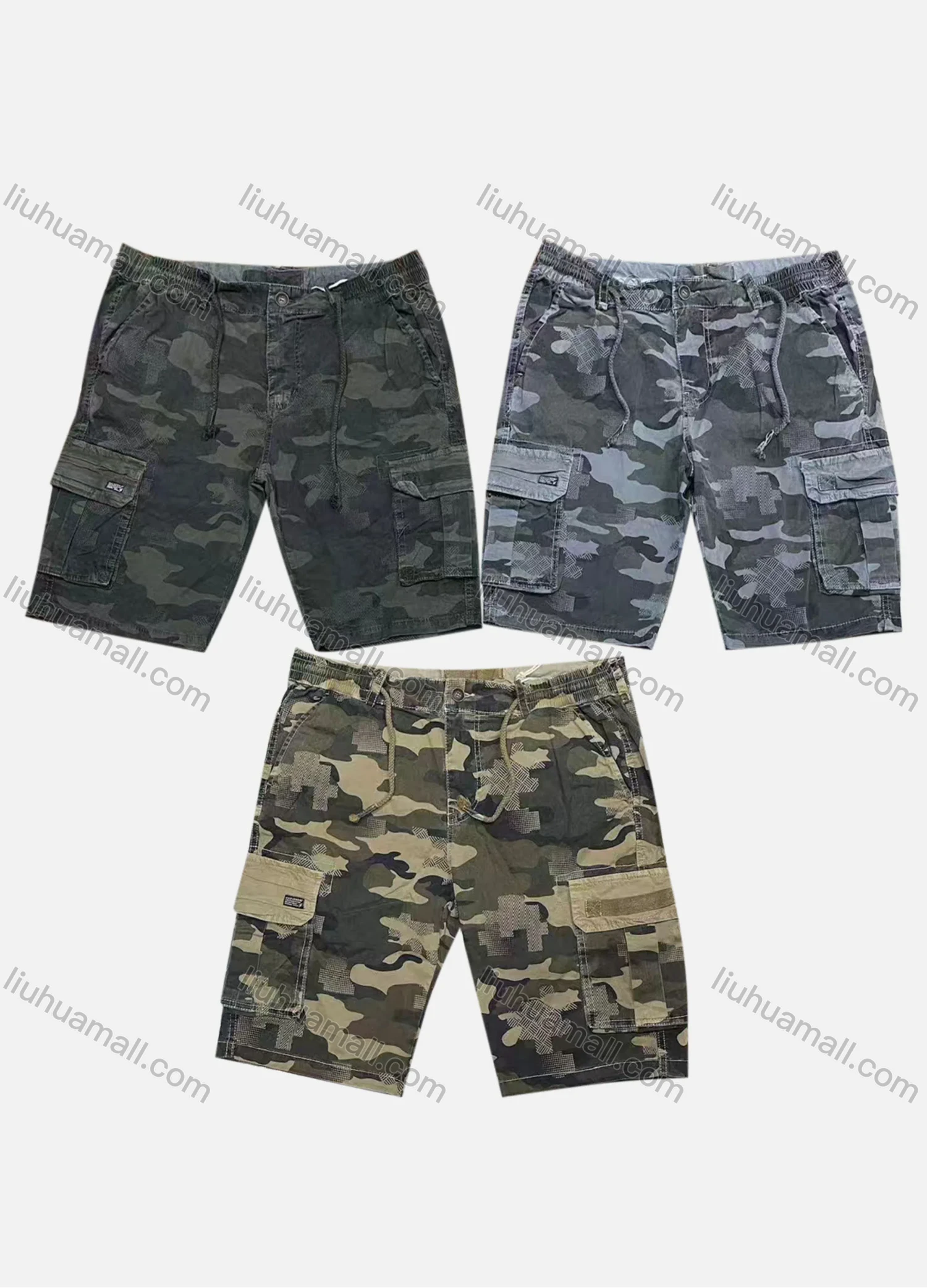 Wholesale Men's Casual Camouflage Flap Pockets Drawstring Cargo Shorts 9389# - Liuhuamall
