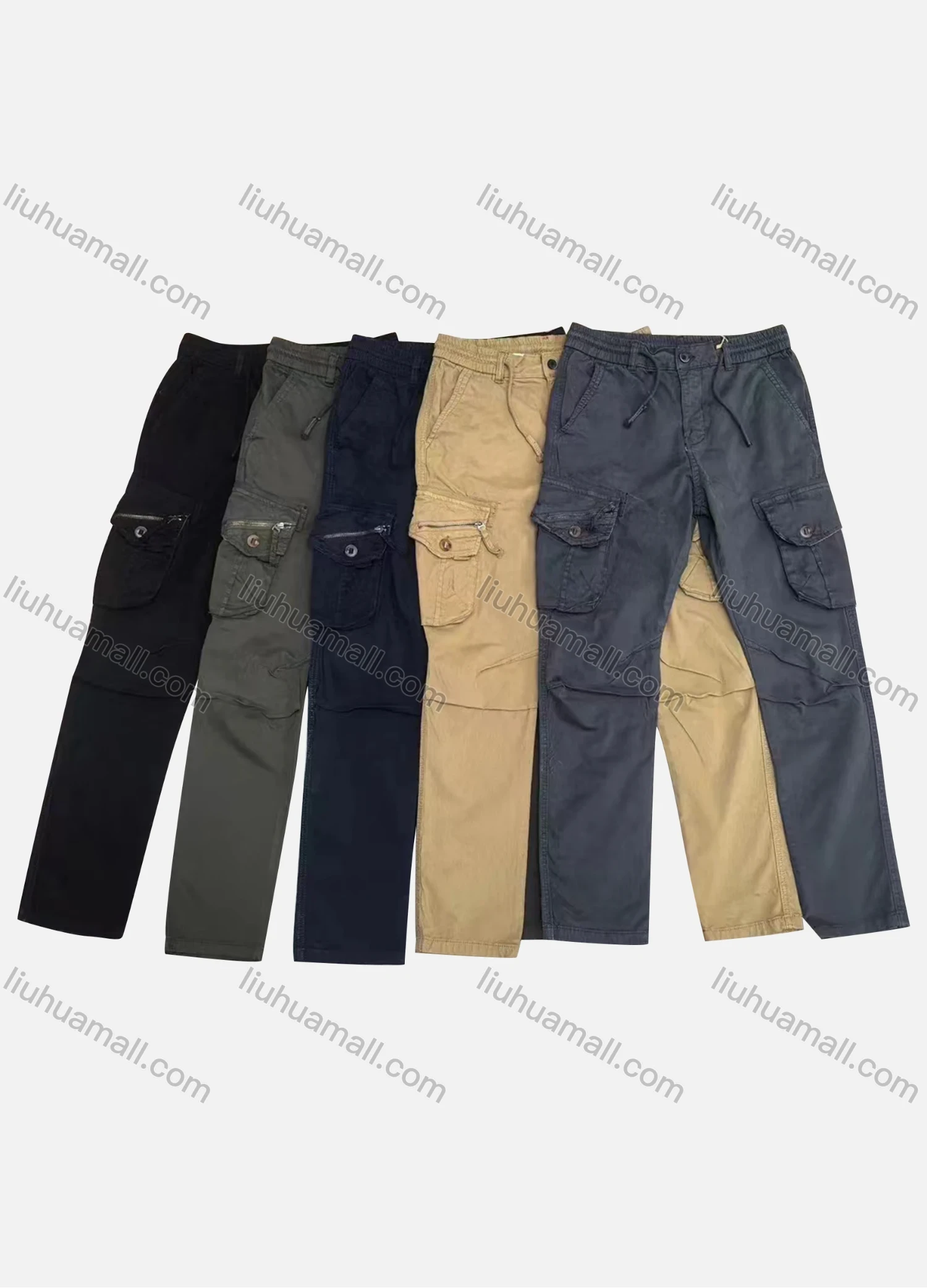 Wholesale Men's Casual Plain Flap Pockets Zip Decor Pleated Drawstring Cargo Pant AK7387# - Liuhuamall
