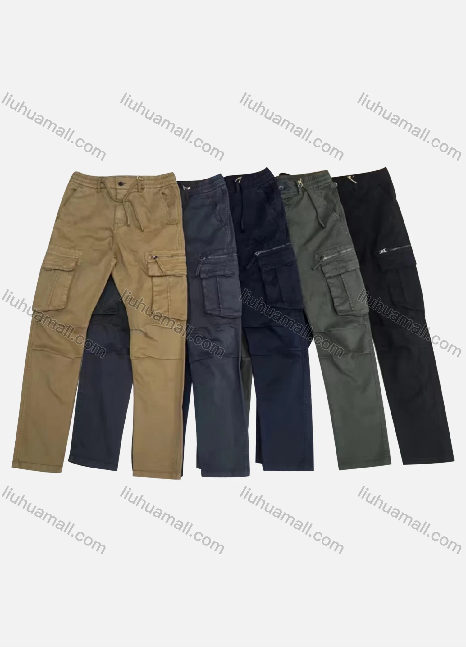 Wholesale Men's Casual Plain Flap Pockets Zip Decor Pleated Drawstring Cargo Pant AK7379# - Liuhuamall