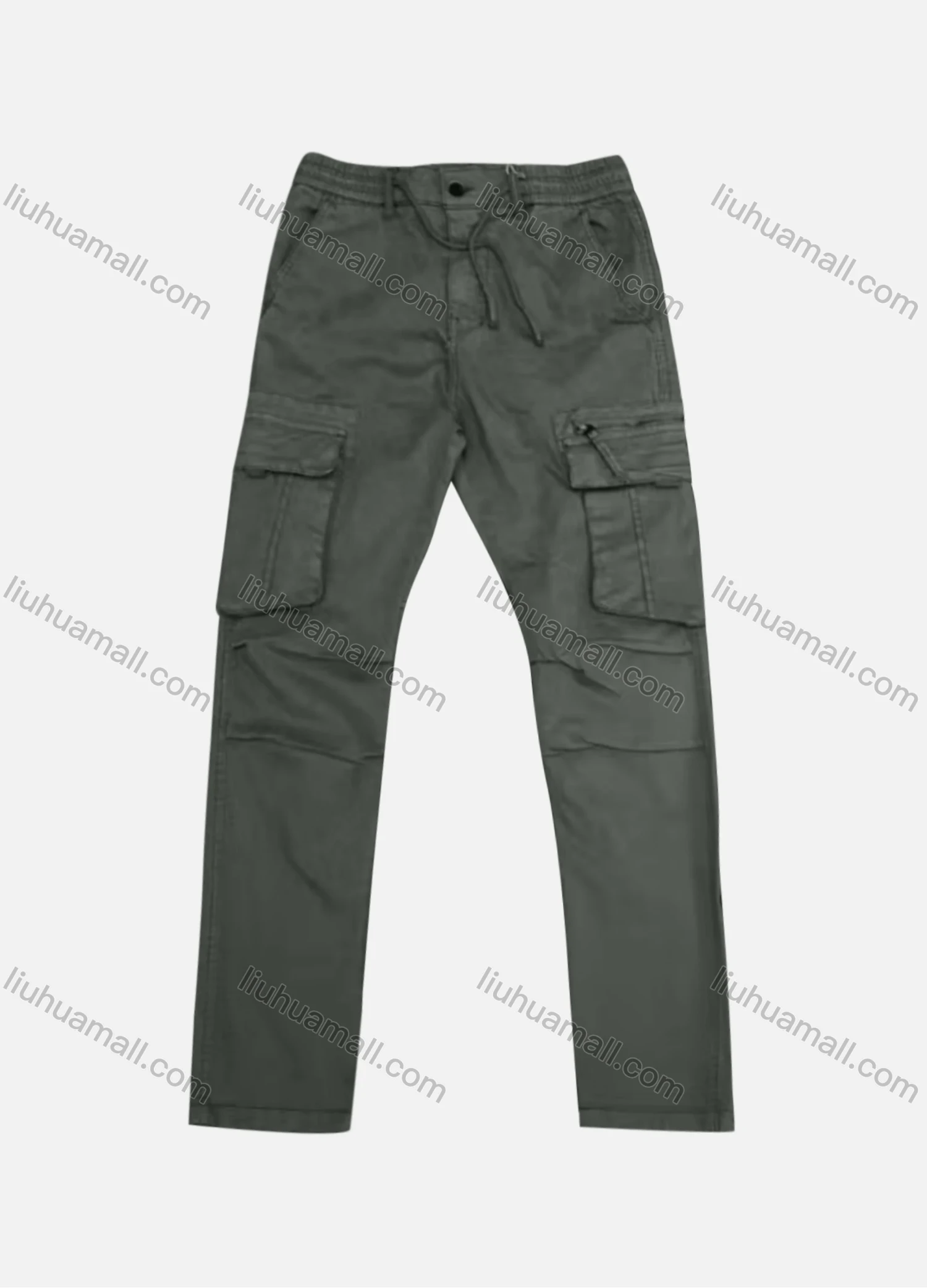 Wholesale Men's Casual Plain Flap Pockets Zip Decor Pleated Drawstring Cargo Pant AK7379# - Liuhuamall
