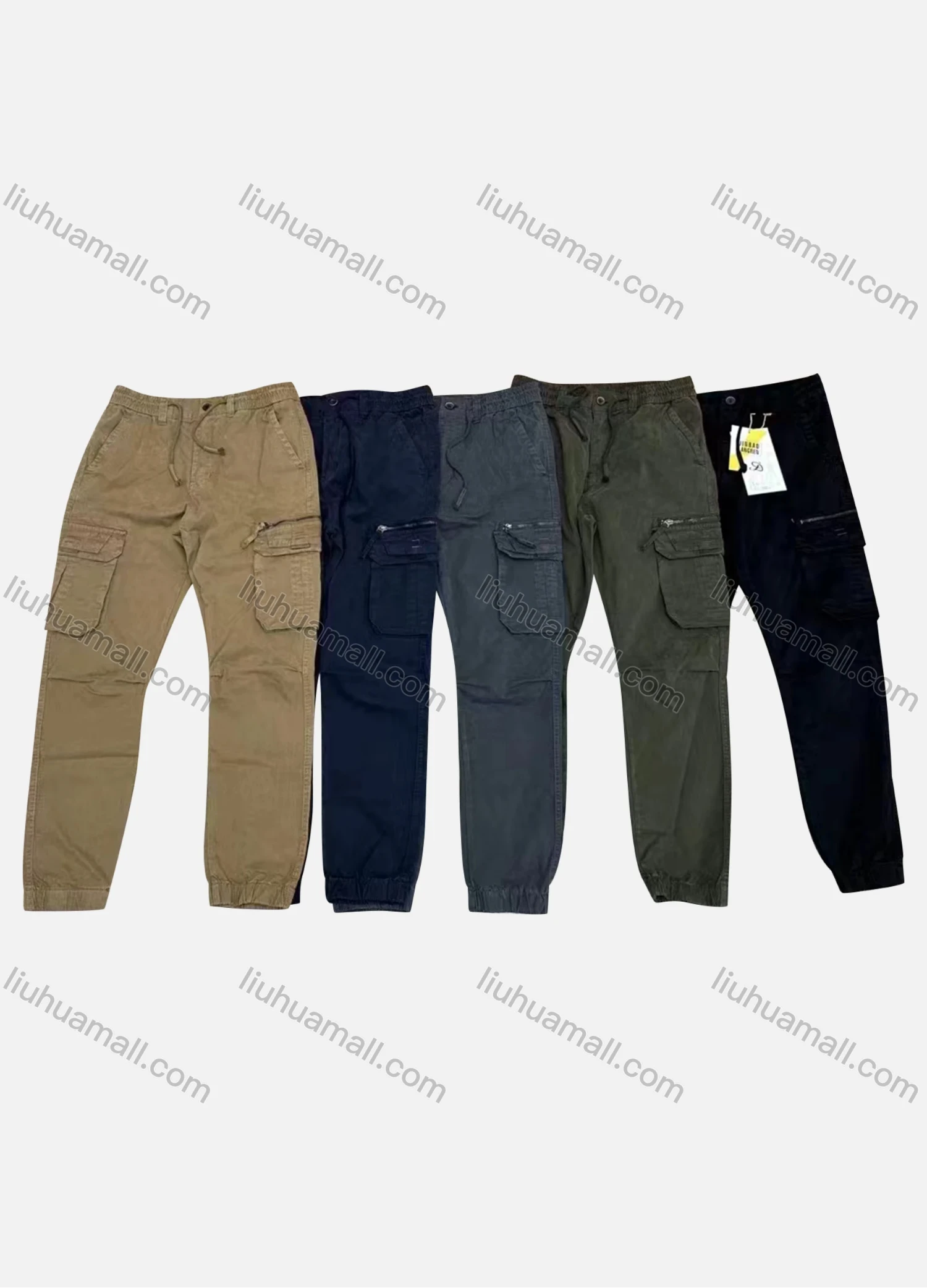 Wholesale Men's Casual Plain Flap Pockets Zip Decor Pleated Drawstring Cargo Pant AK7380# - Liuhuamall